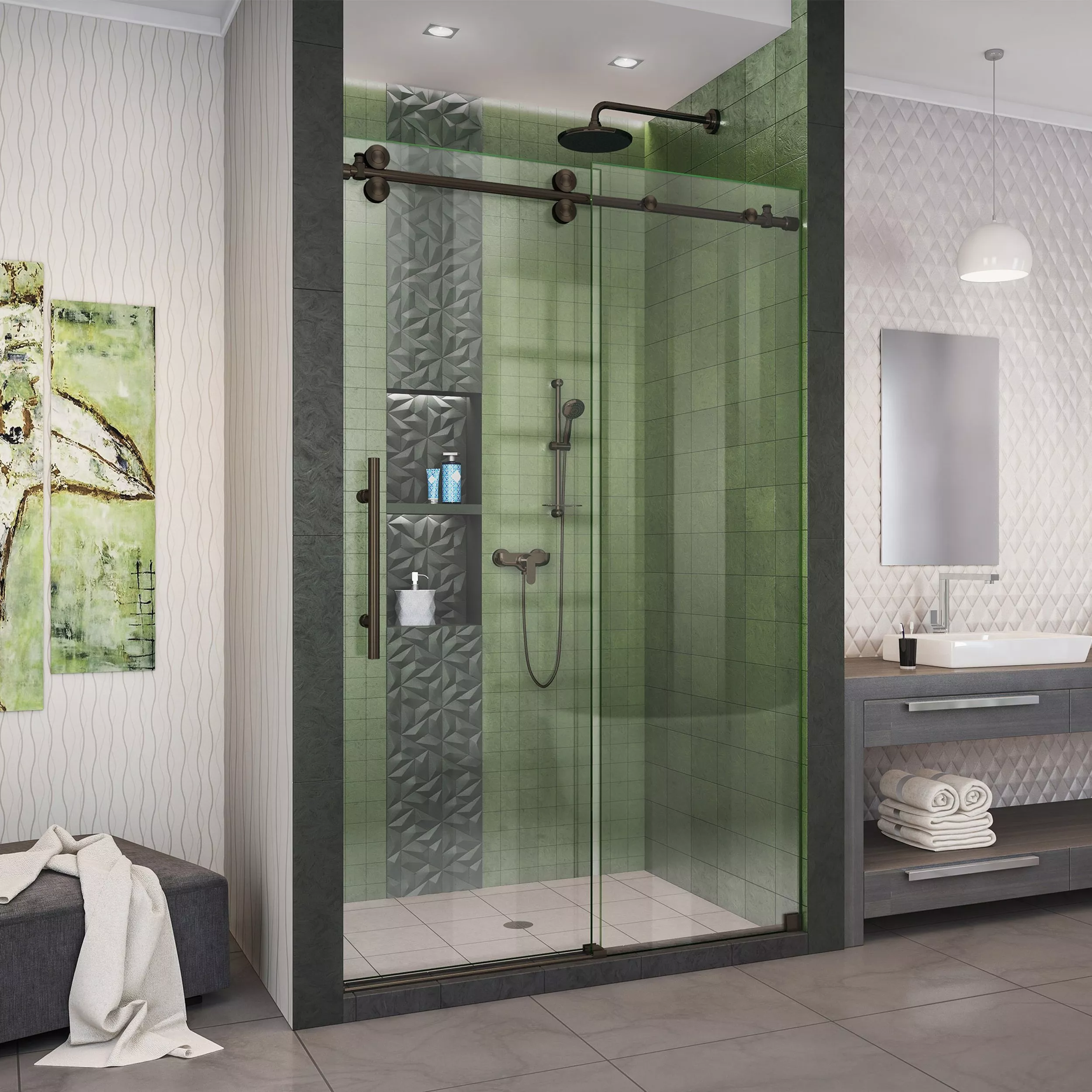 Enigma-XO Oil Rubbed Bronze Frameless Sliding Glass Shower Door