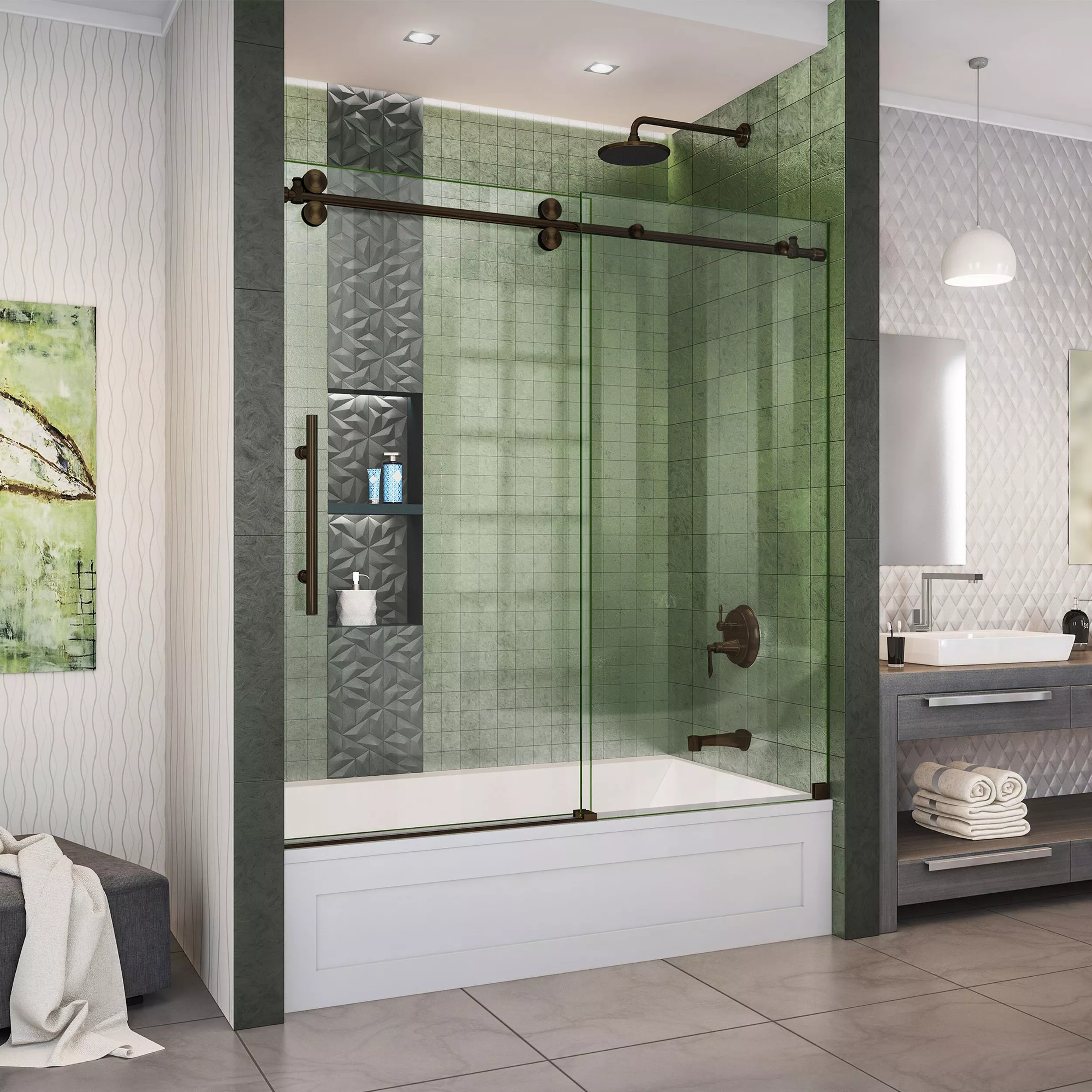 Enigma-XO Oil Rubbed Bronze Frameless Sliding Glass Tub Door | Floor ...