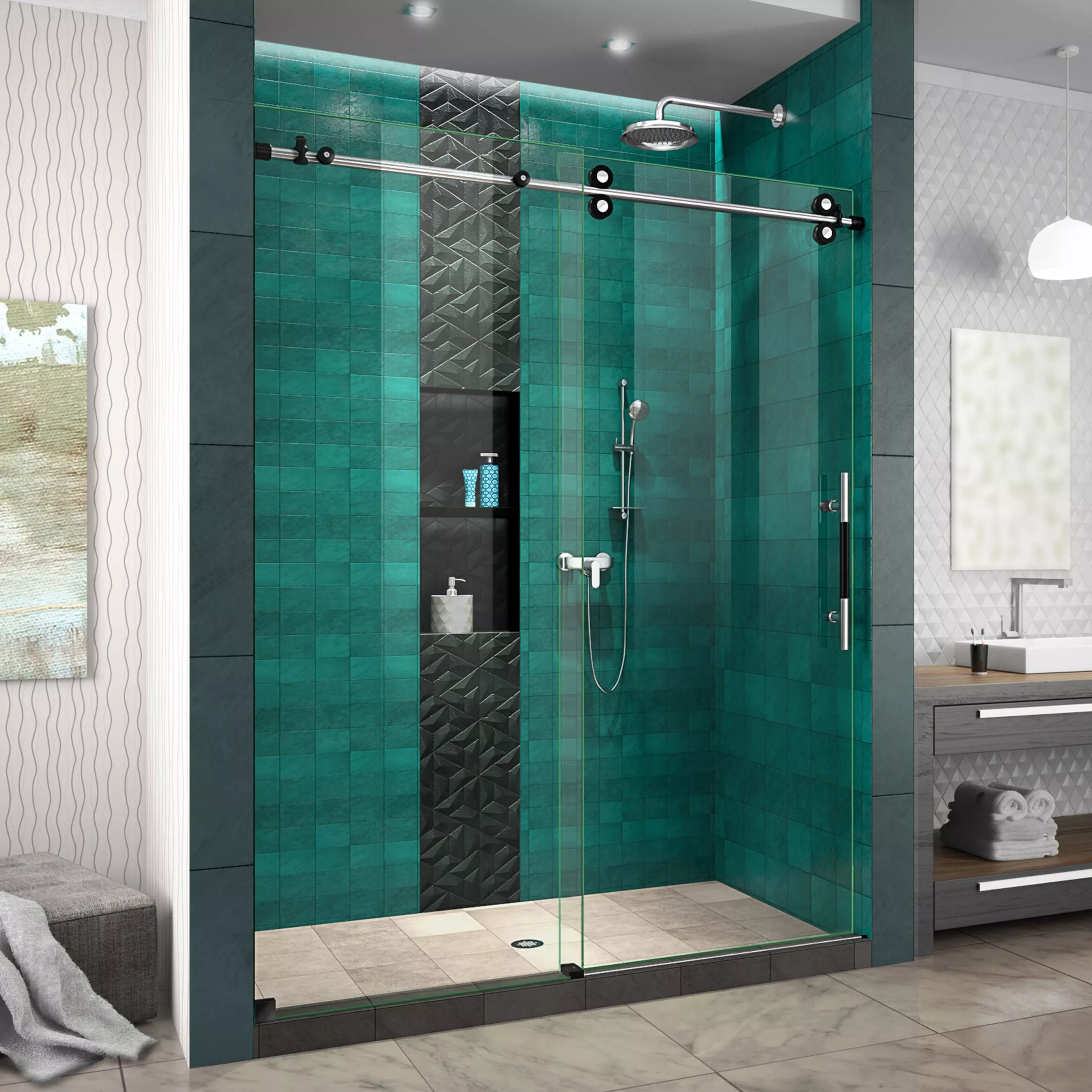 Enigma-XO Tuxedo Frameless Clear Glass Sliding Shower Door