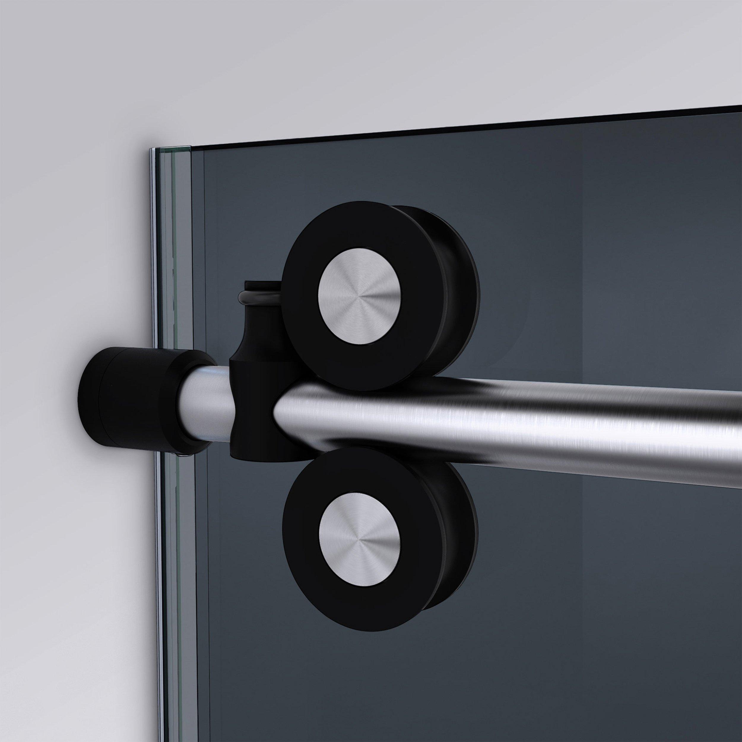 Enigma-XO Brushed Tuxedo Frameless Sliding Glass Shower Door/Smoke Grey Glass