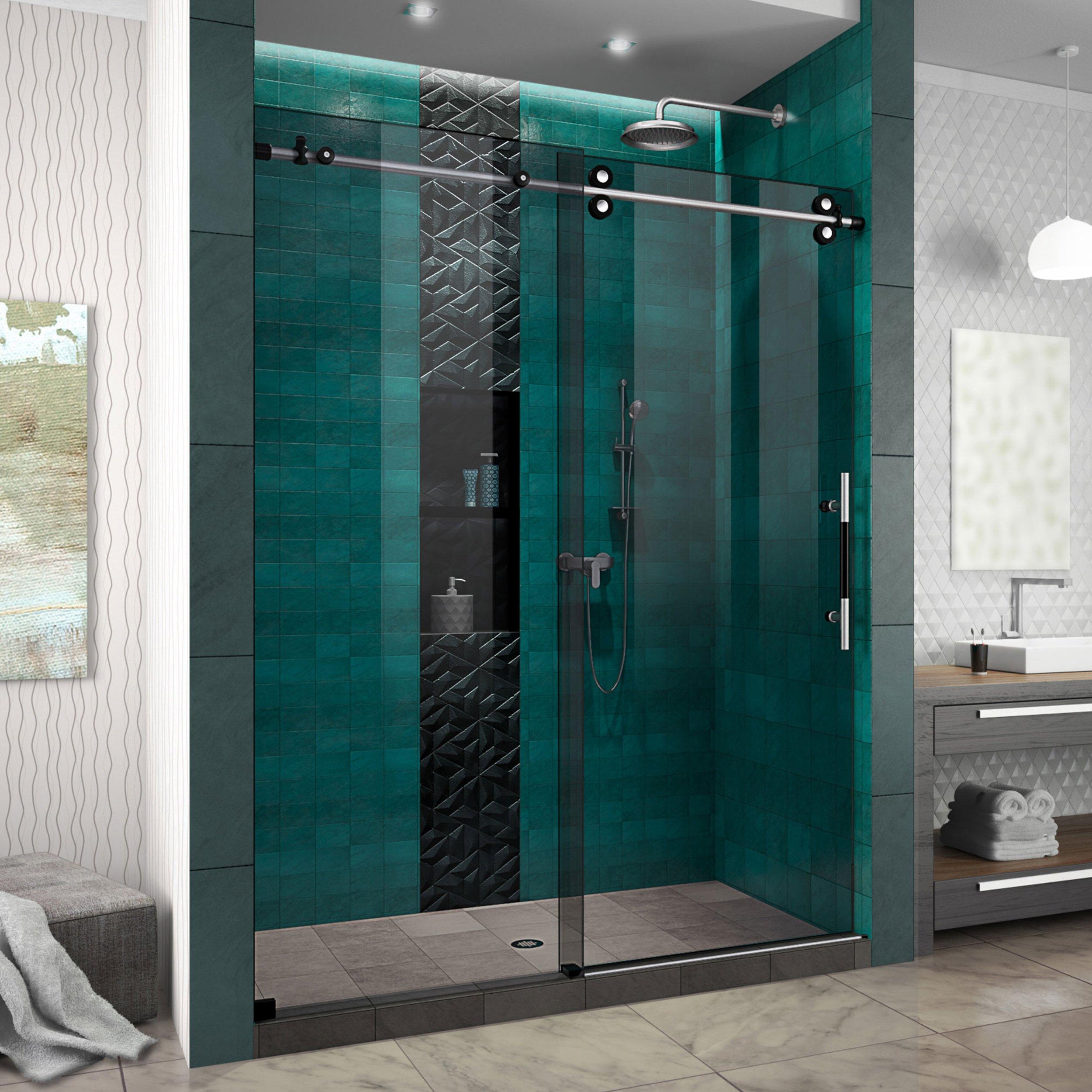 Enigma-XO Brushed Tuxedo Frameless Sliding Glass Shower Door/Smoke Grey Glass