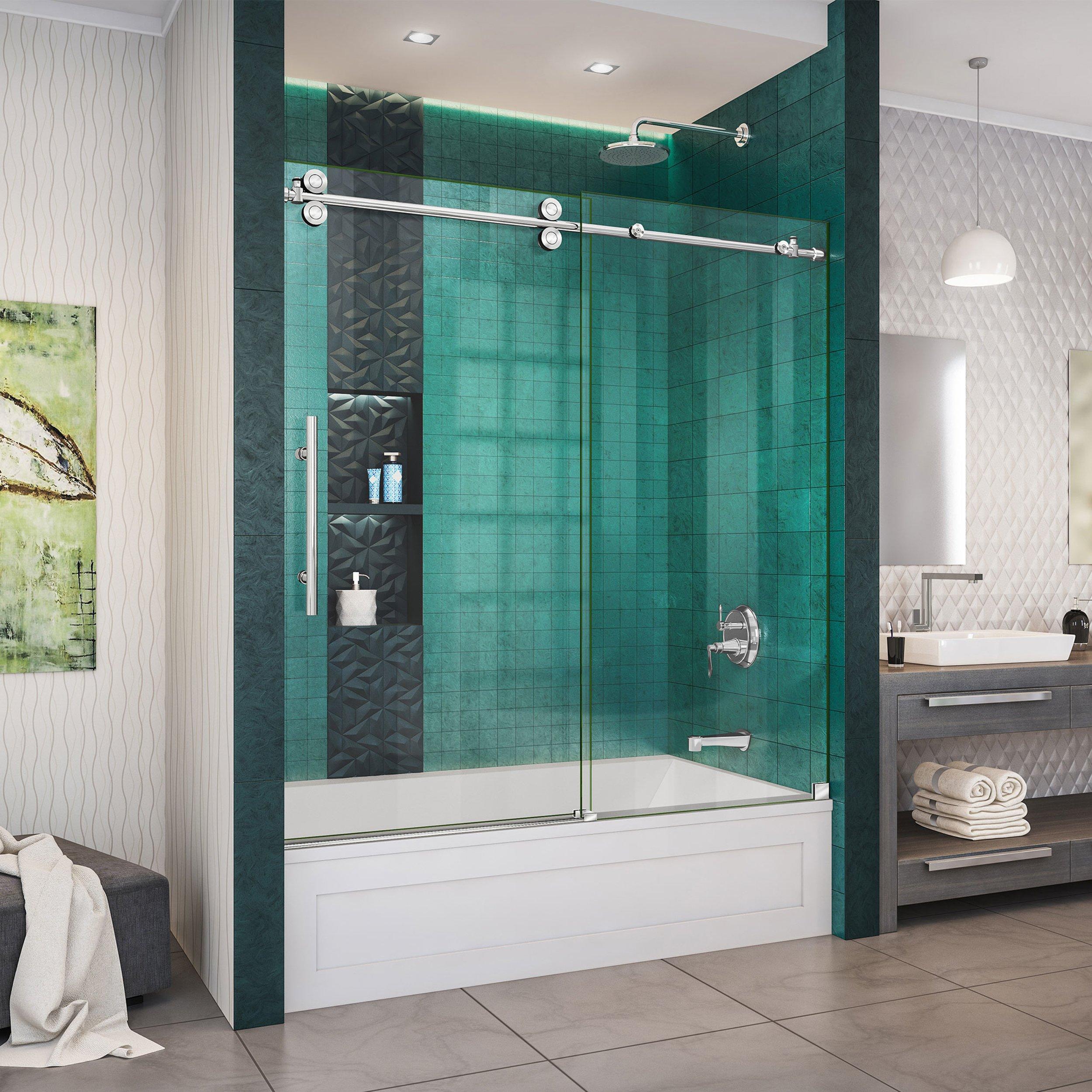 Enigma-XO Polished Stainless Steel Fully Frameless Sliding Tub Door