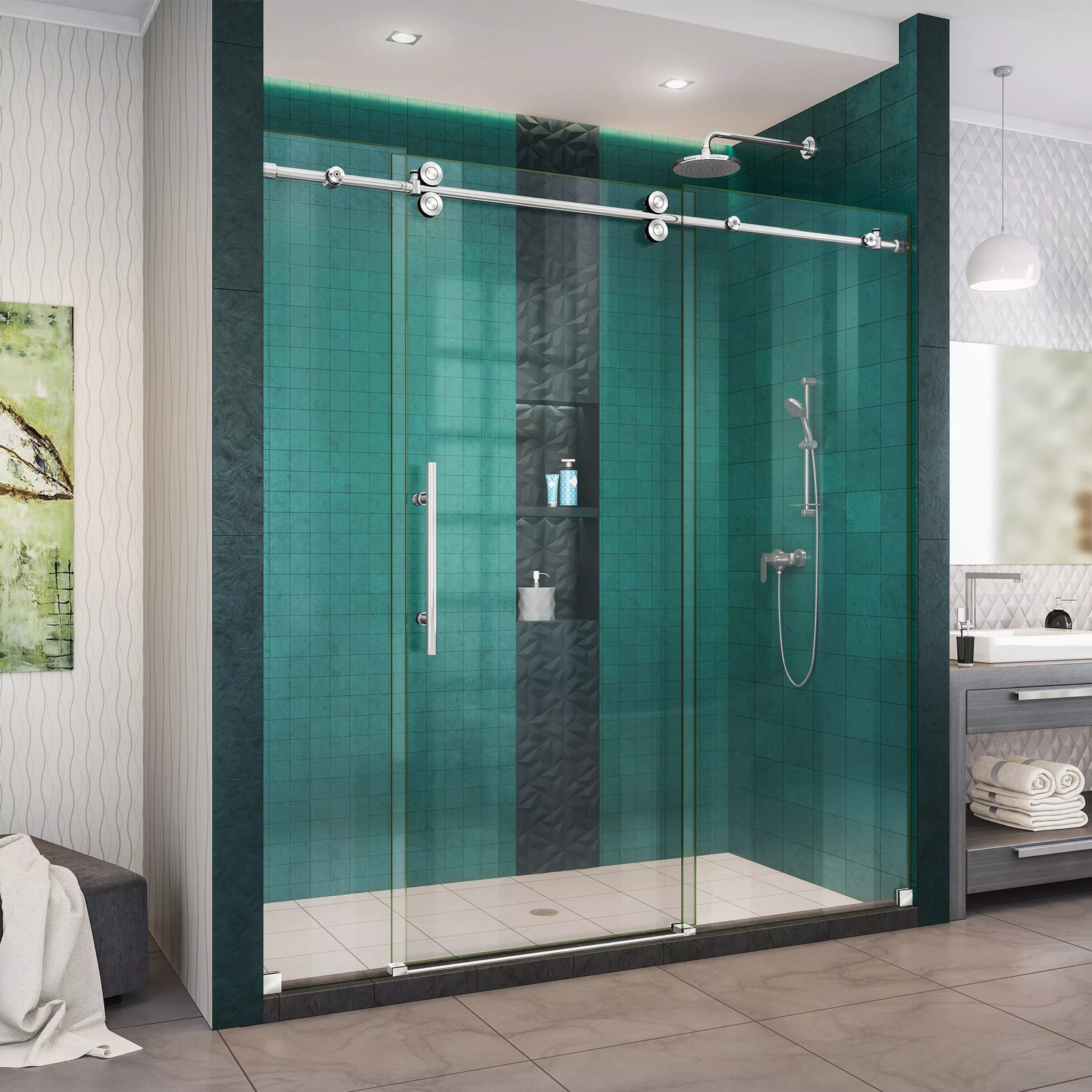 Enigma-XO Polished Stainless Steel Fully Frameless Sliding Shower Door