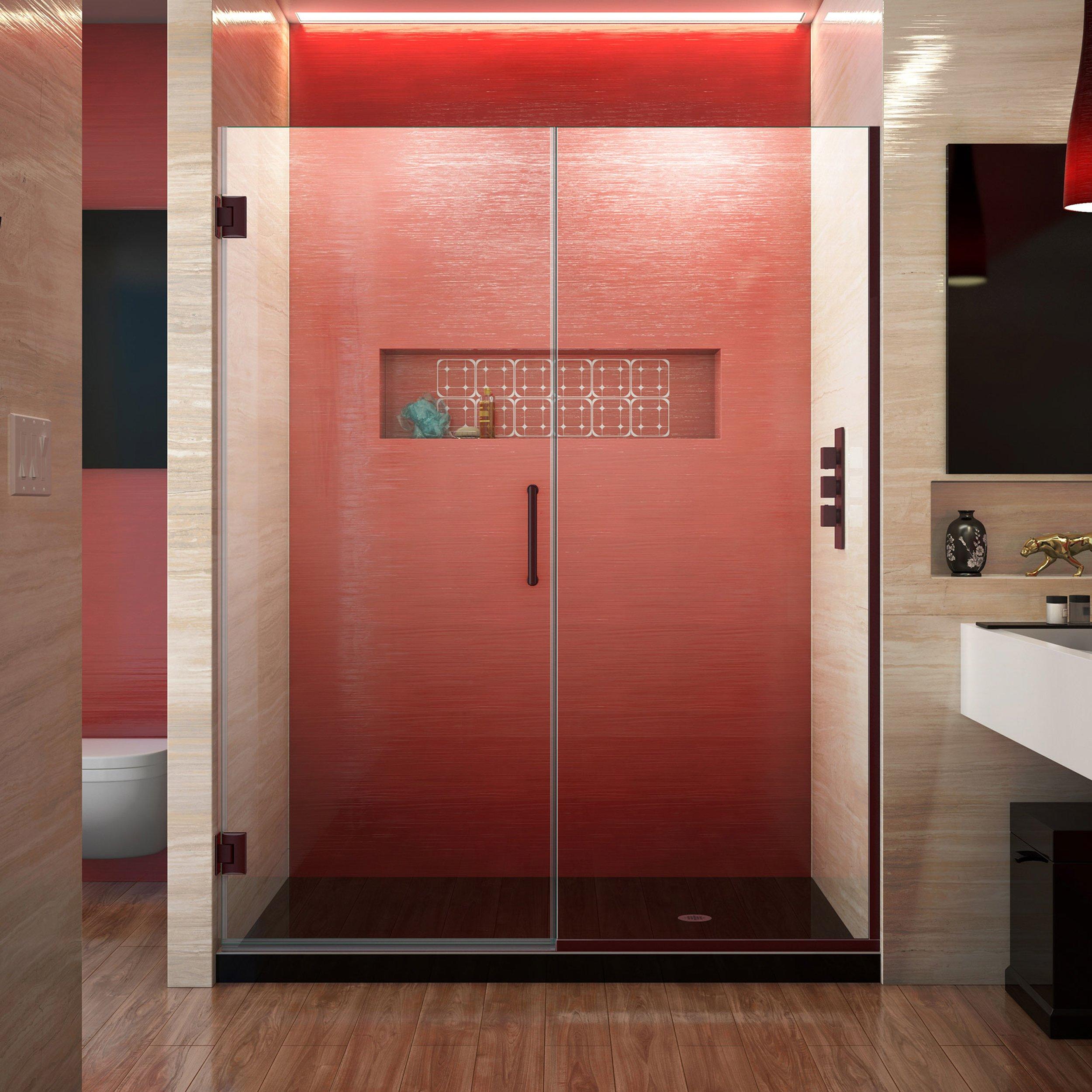 Unidoor Plus Oil Rubbed Bronze Frameless Hinged Shower Door Floor and