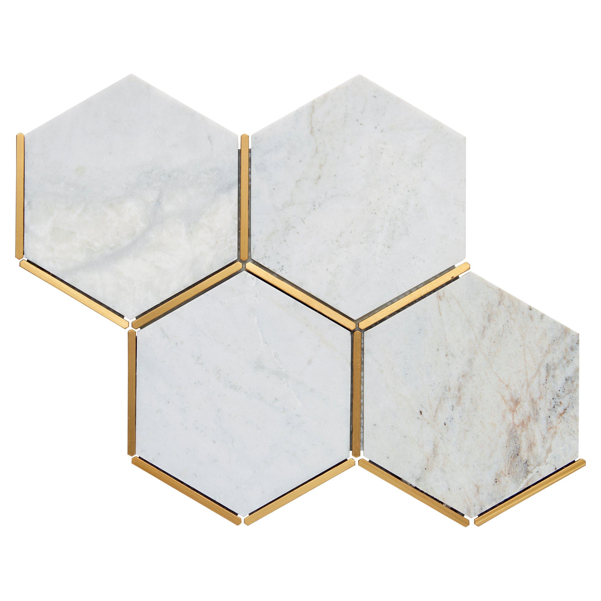 Bianco Orion Brass Hexagon Polished Marble Mosaic