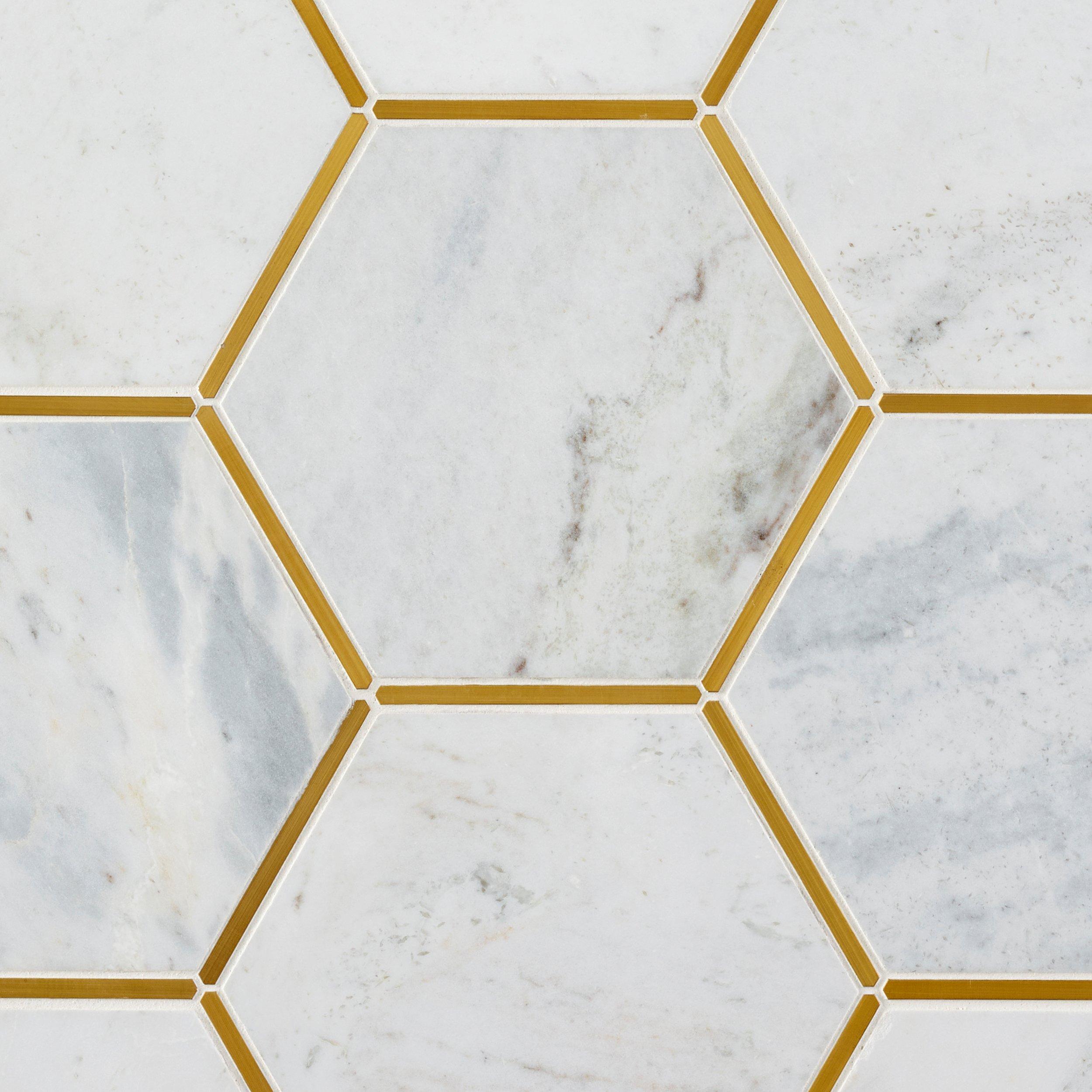 Bianco Orion Brass Hexagon Polished Marble Mosaic