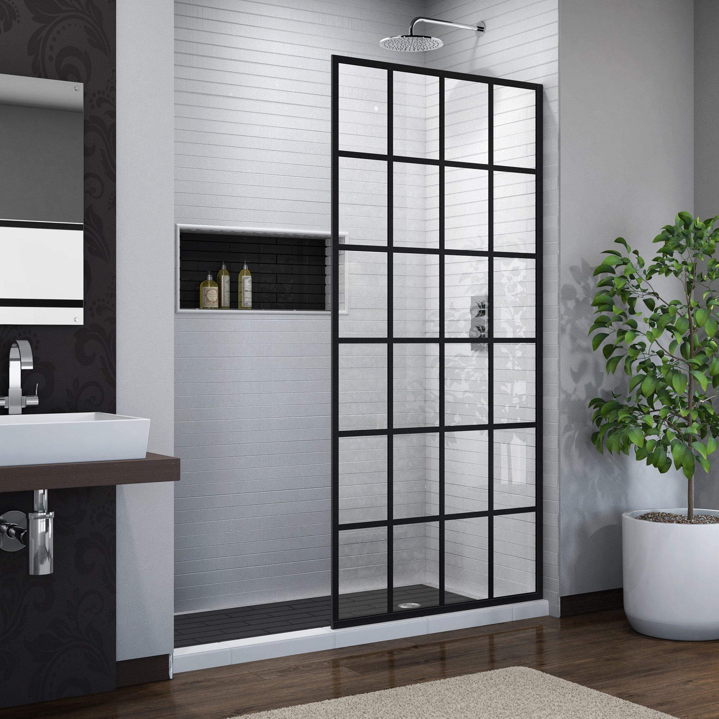 French Linea Satin Black Single Panel Frameless Shower Door Floor and