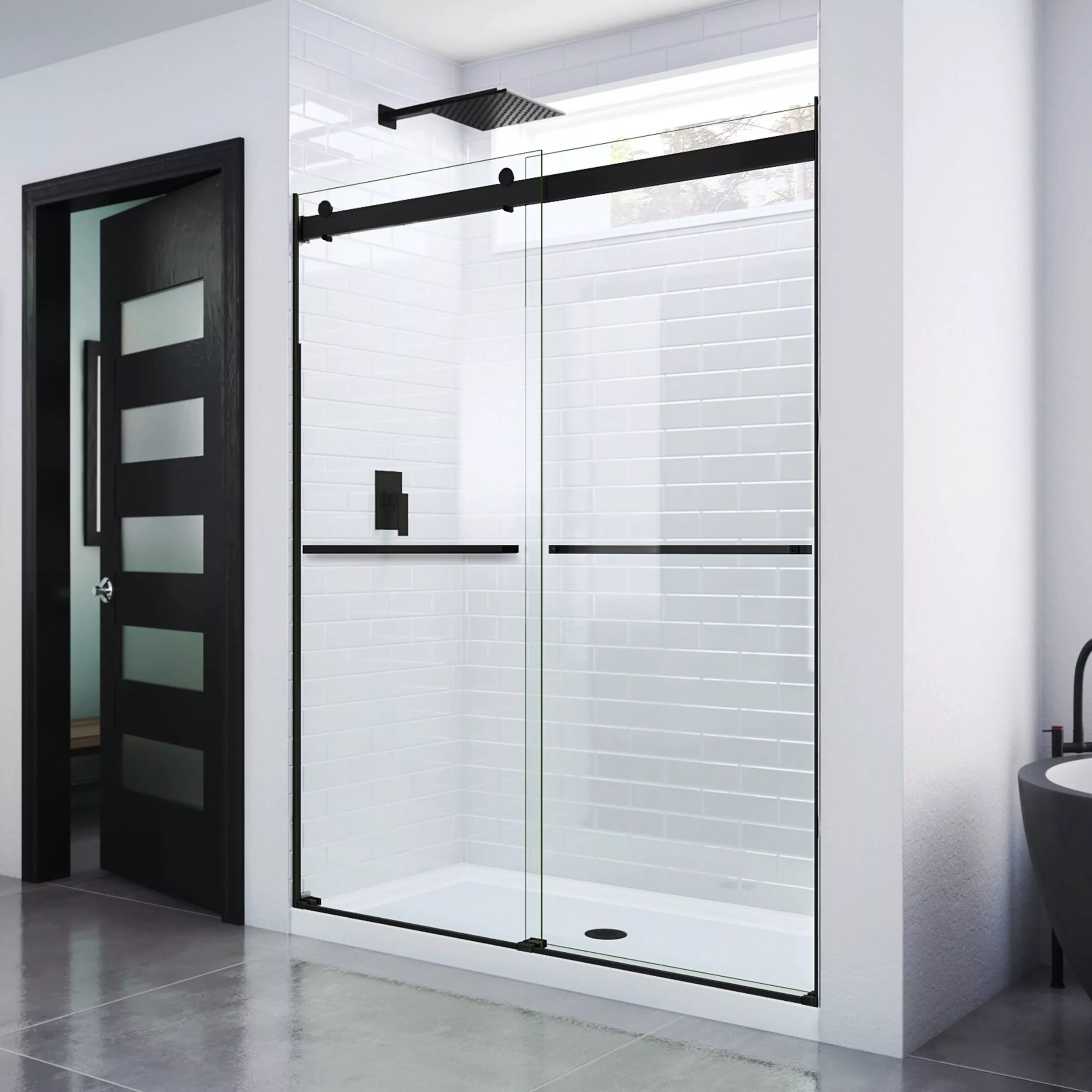 Essence Satin Black Bypass Sliding Shower Door Floor and Decor