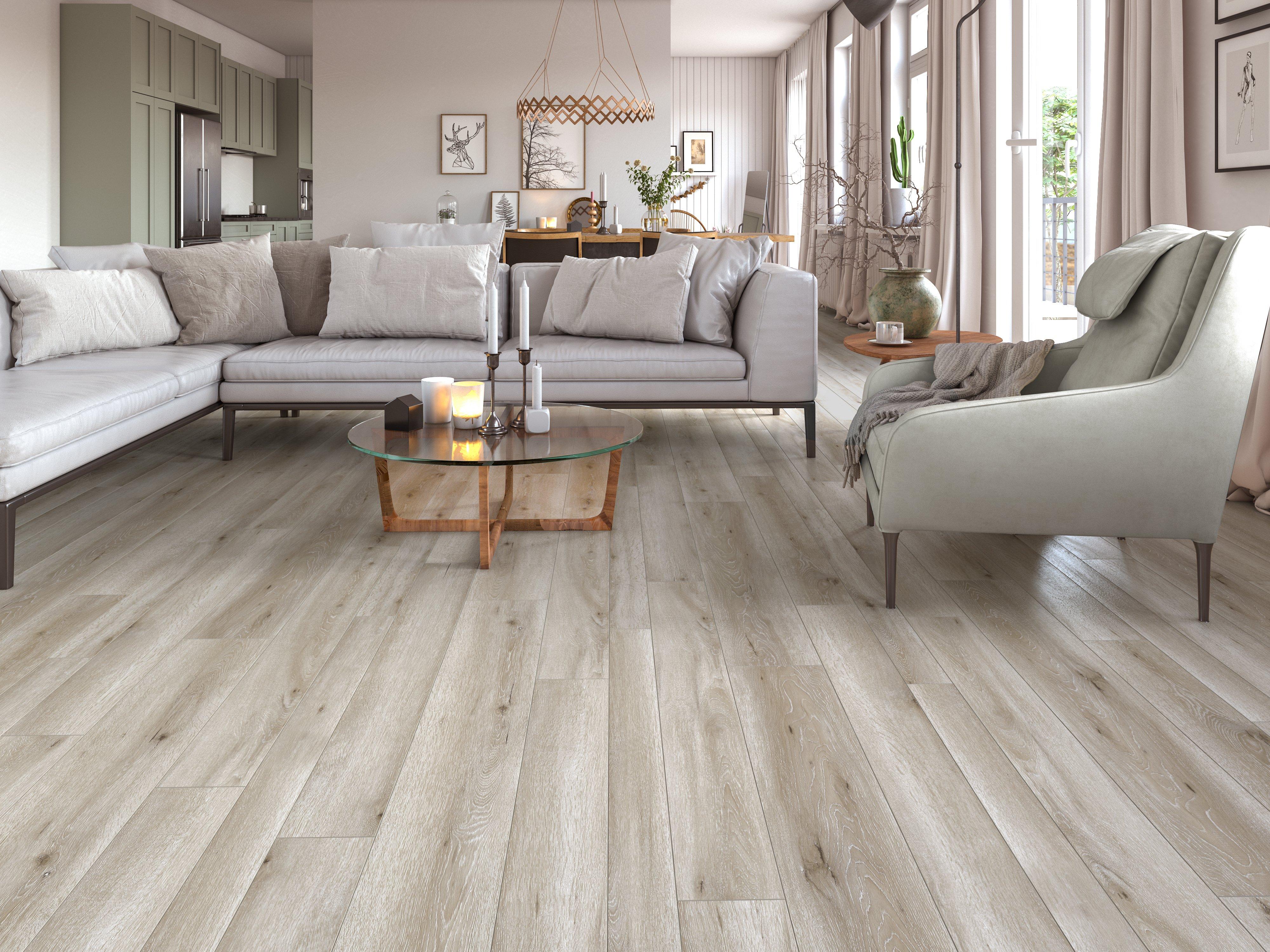 Oak Luxury Vinyl Plank Basement Family Room Flooring and Dark Gray