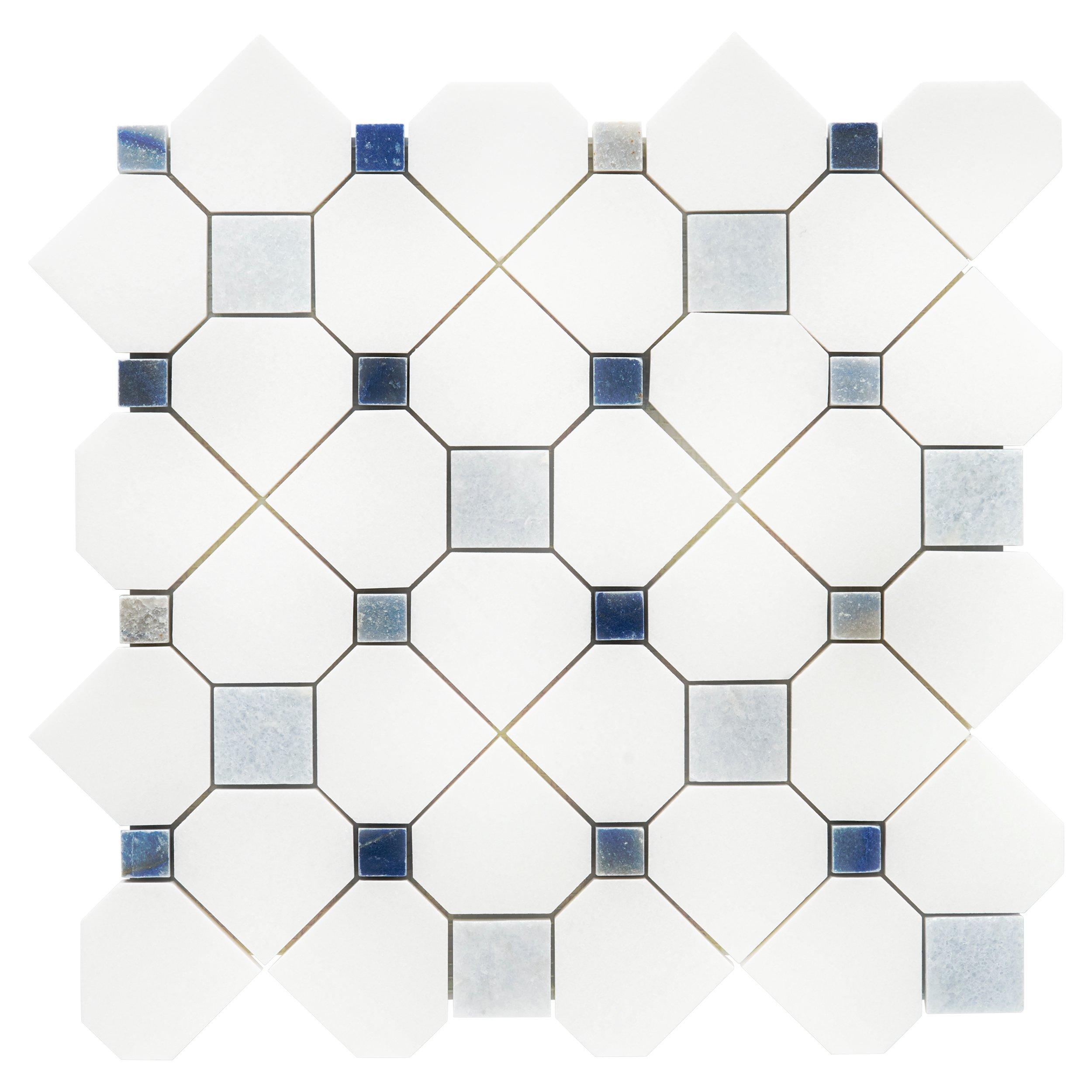 White Thassos and Blue Celeste Marble Waterjet Mosaic Tile in Prima  Brackets