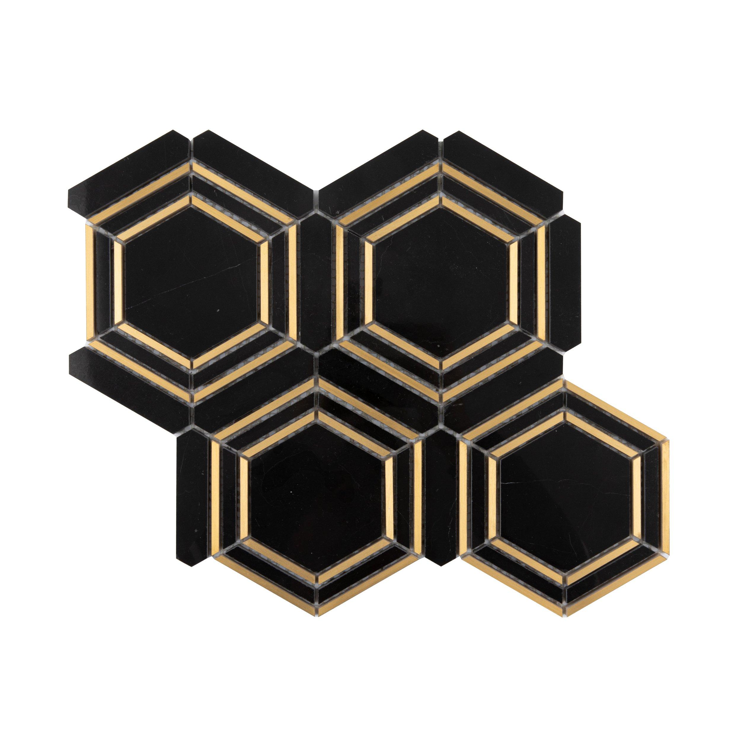 Nero Brass Framed Hexagon Polished Marble Mosaic