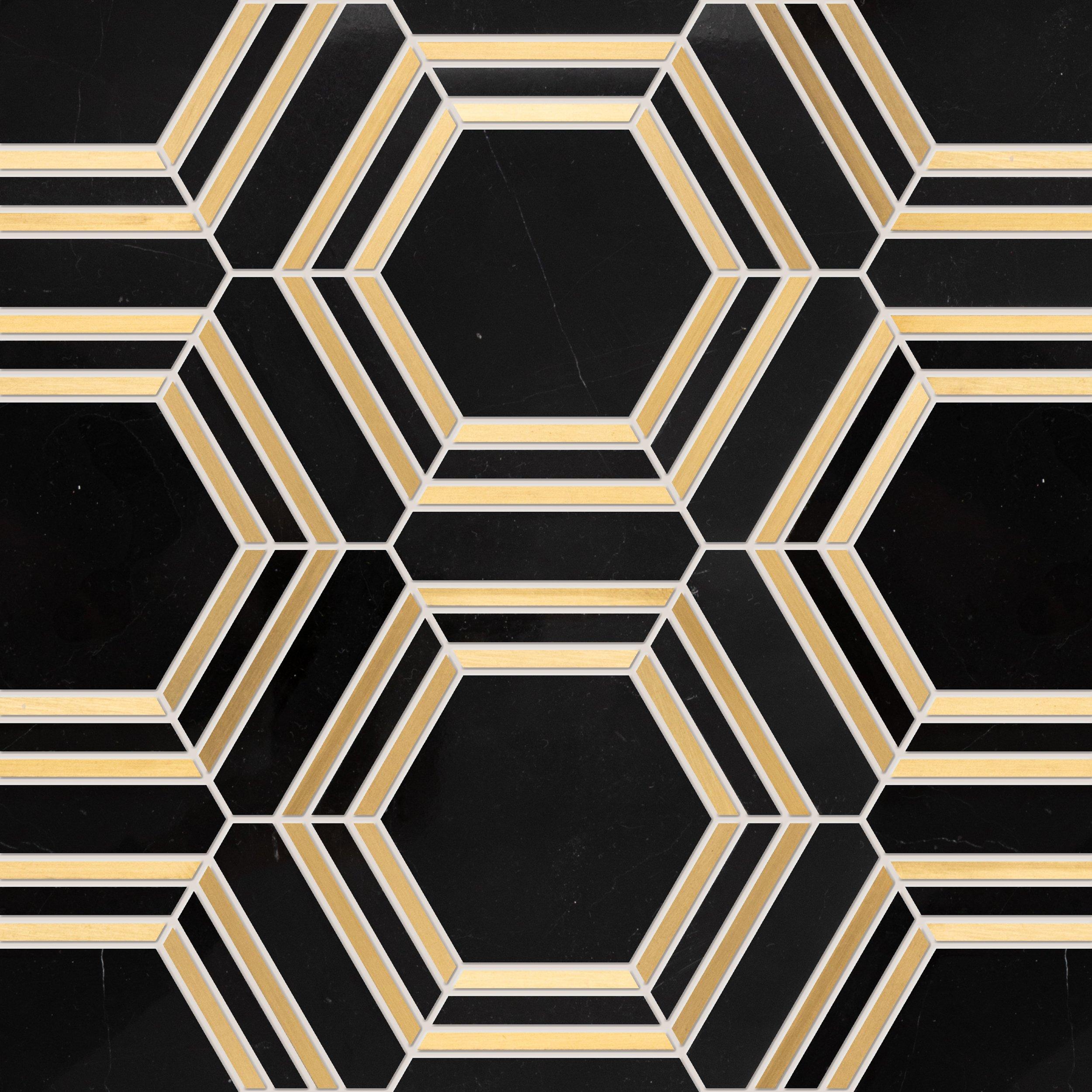 Nero Brass Framed Hexagon Polished Marble Mosaic