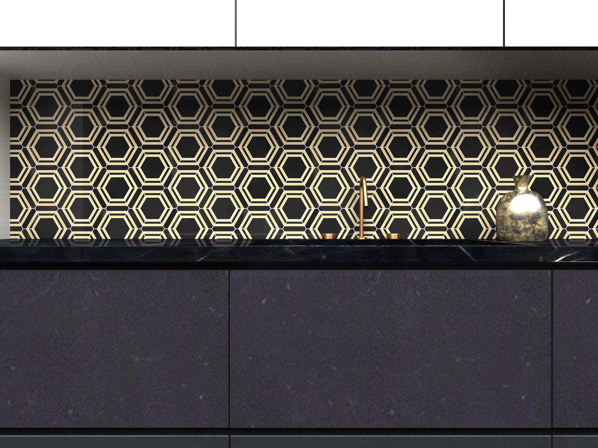 Nero Brass Framed Hexagon Polished Marble Mosaic