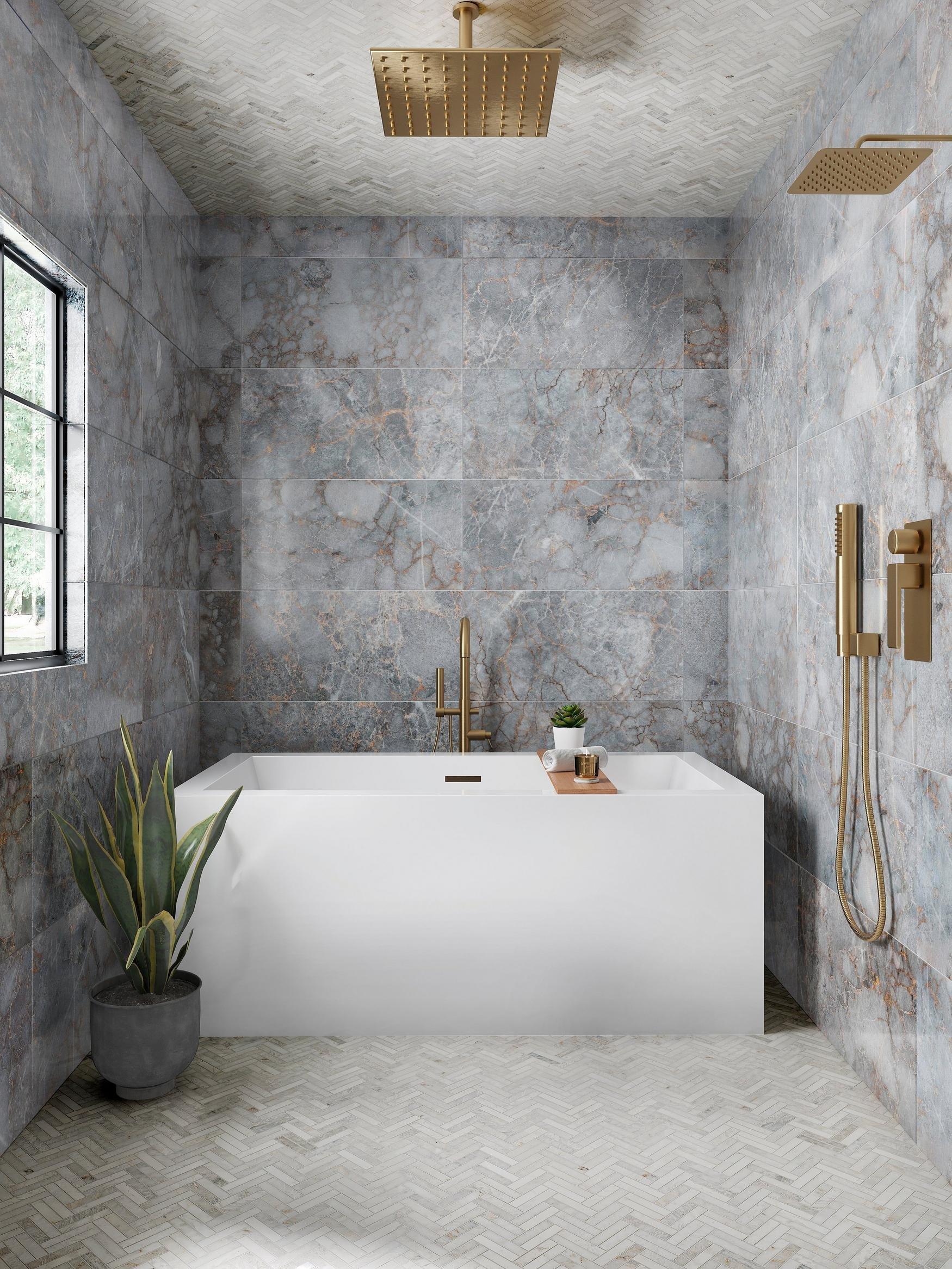 Bathroom with bathtub, gray marble wall tile and beige marble mosaic floors
