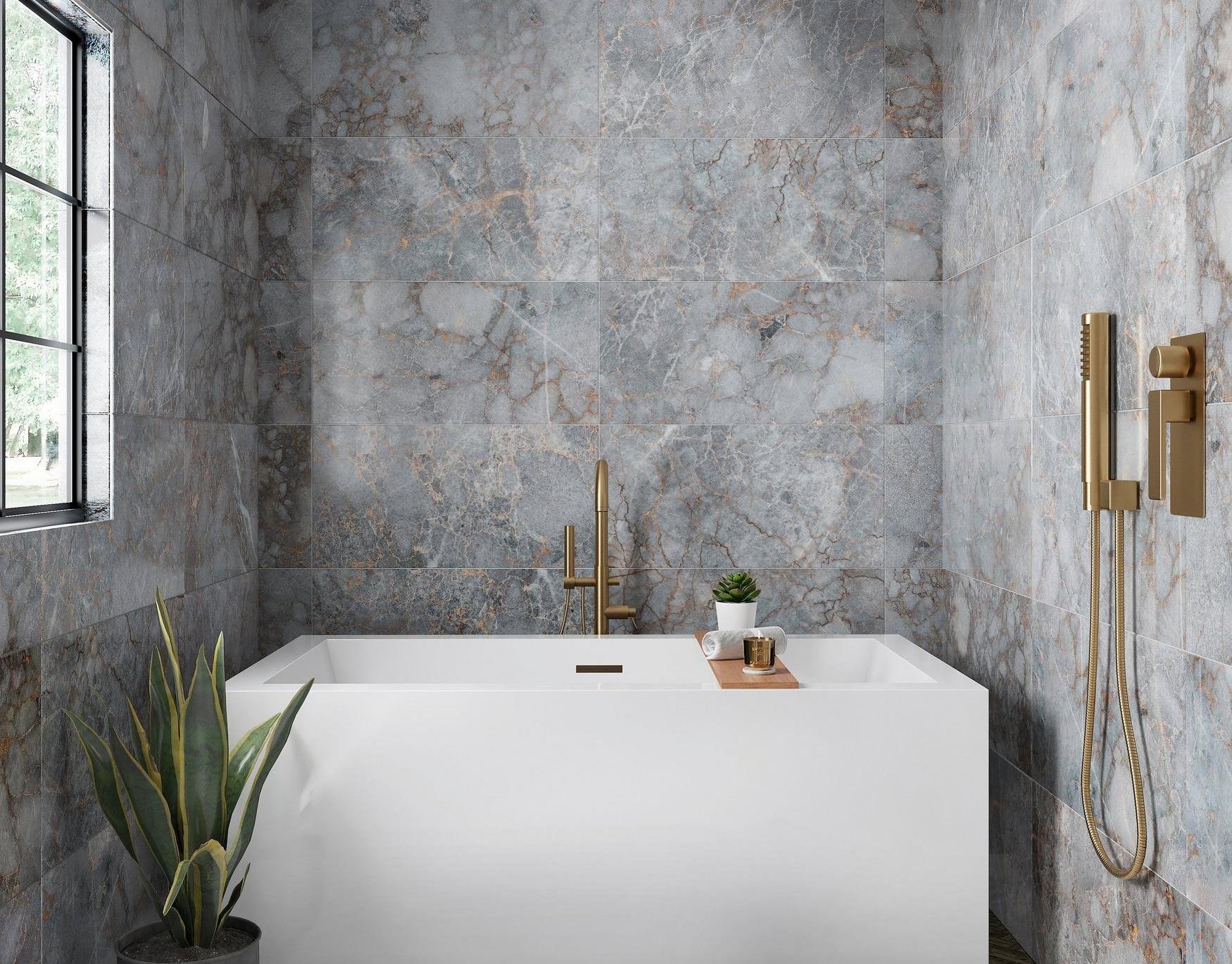Bathroom with bathtub, gray marble wall tile and beige marble mosaic floors