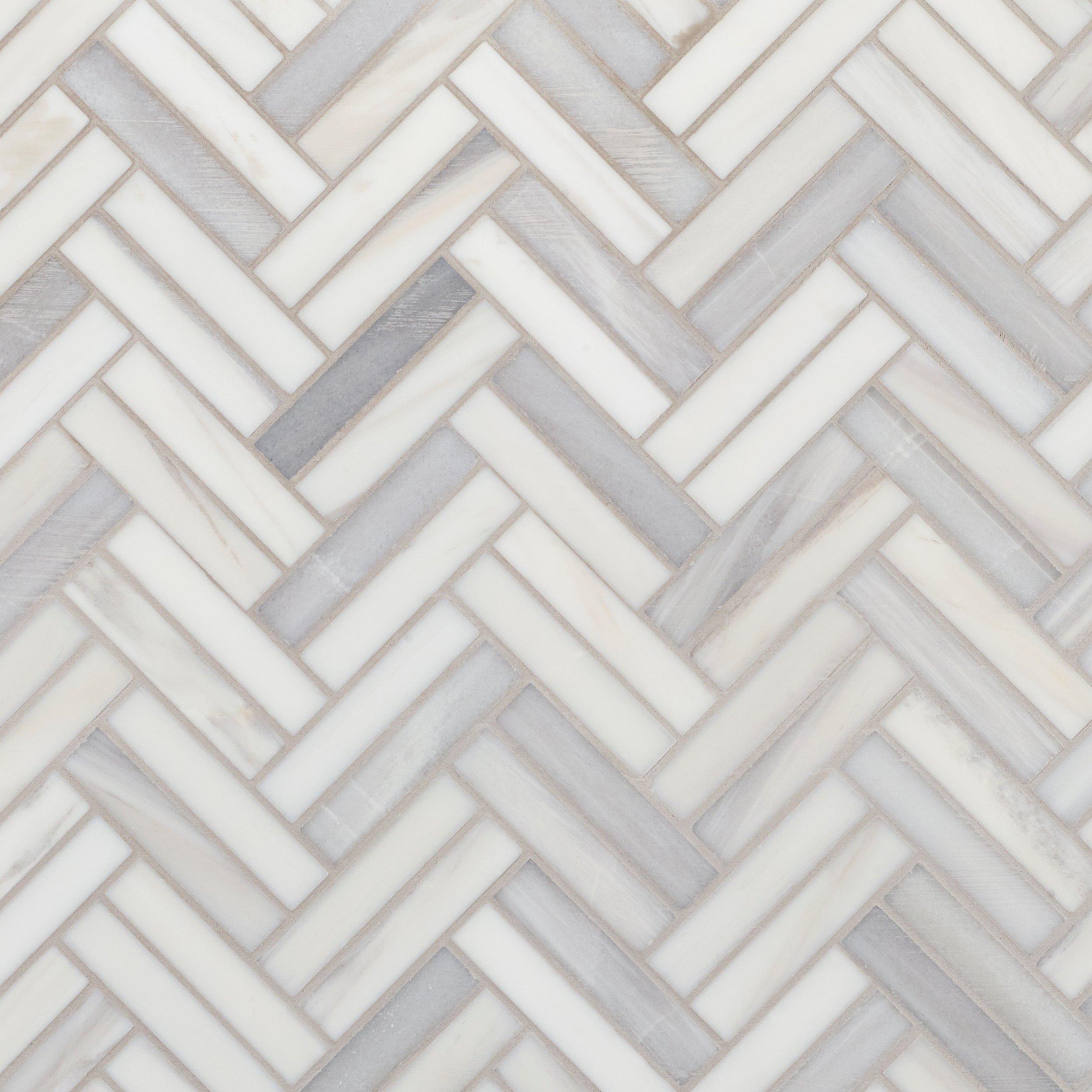 Bianco Venatino Double Herringbone Marble Mosaic