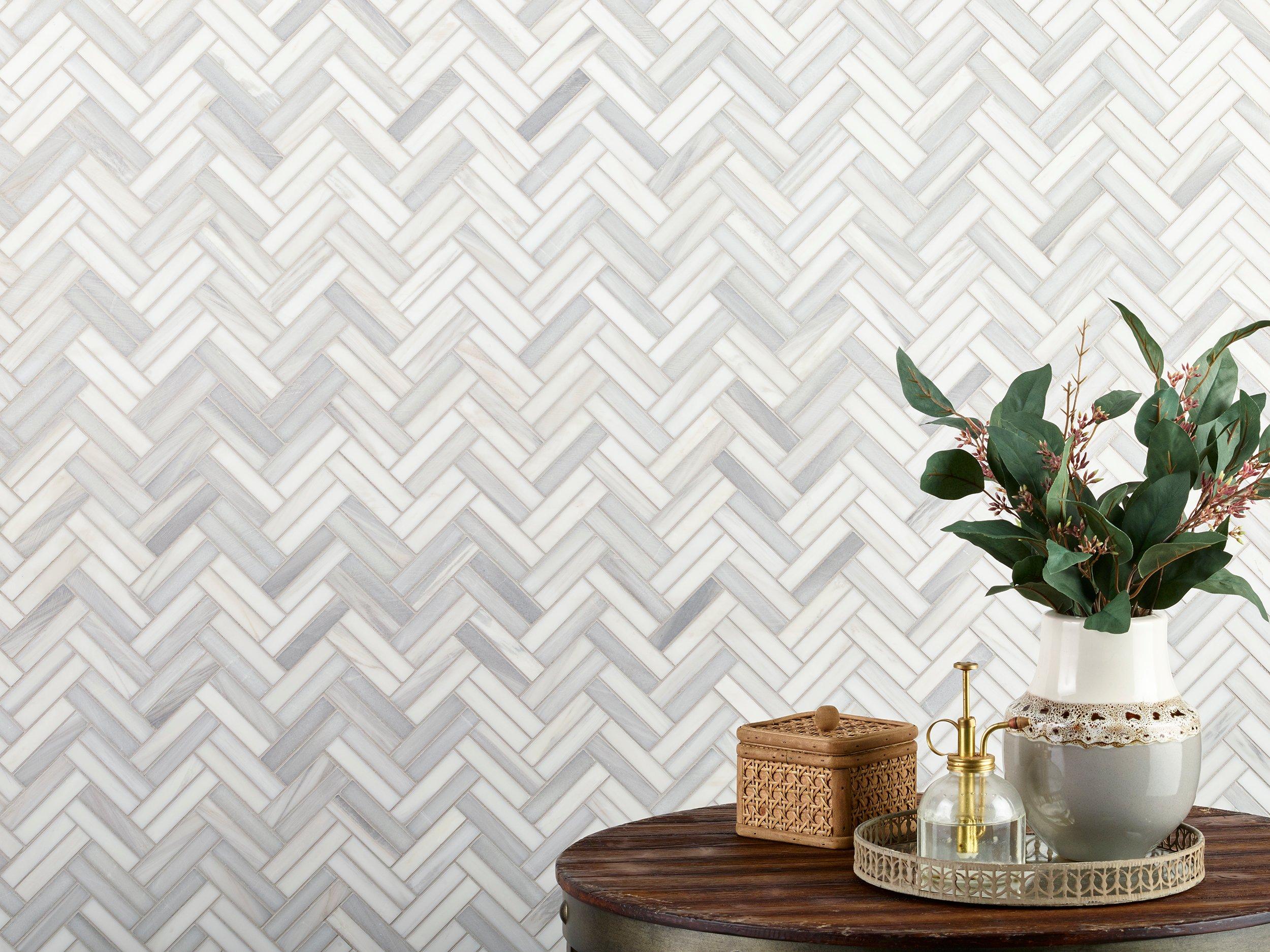 Bianco Venatino Double Herringbone Marble Mosaic