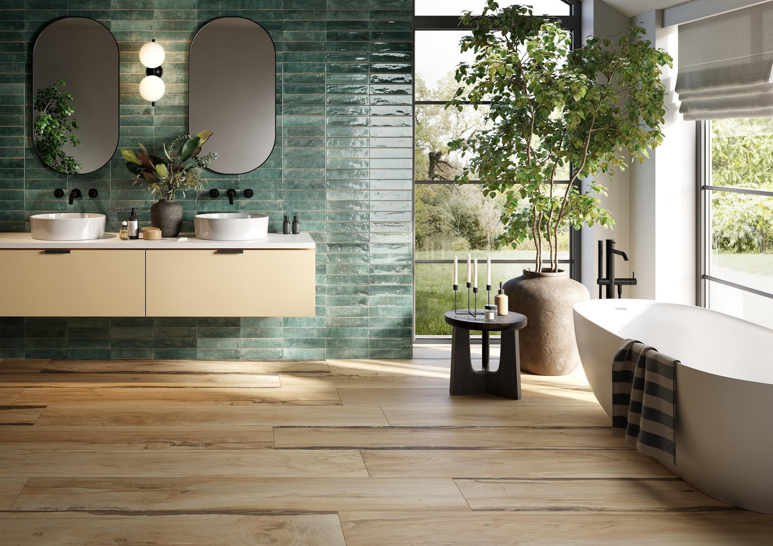 A green tile bathroom.