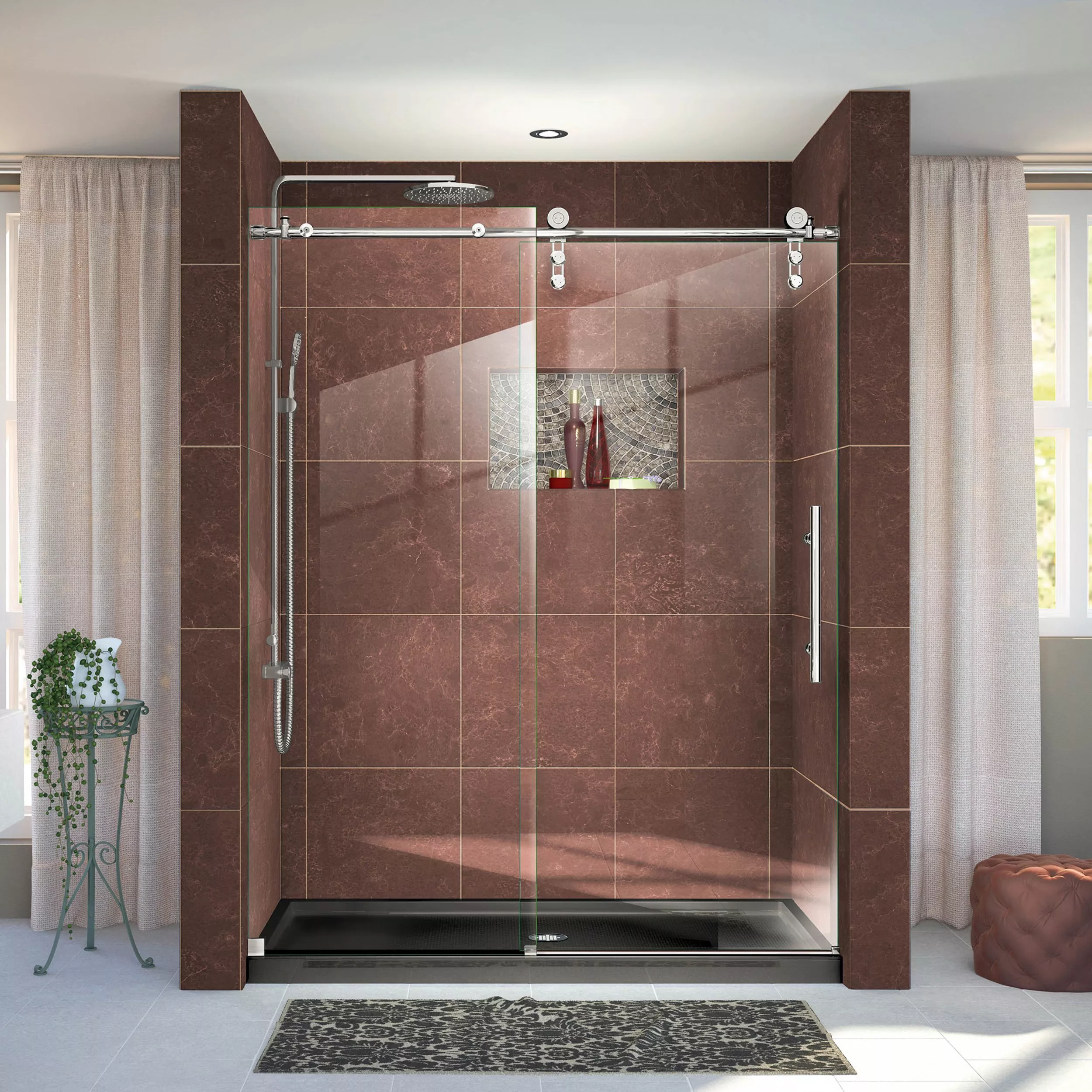 Enigma-Z Brushed Stainless Steel Frameless Sliding Shower Door