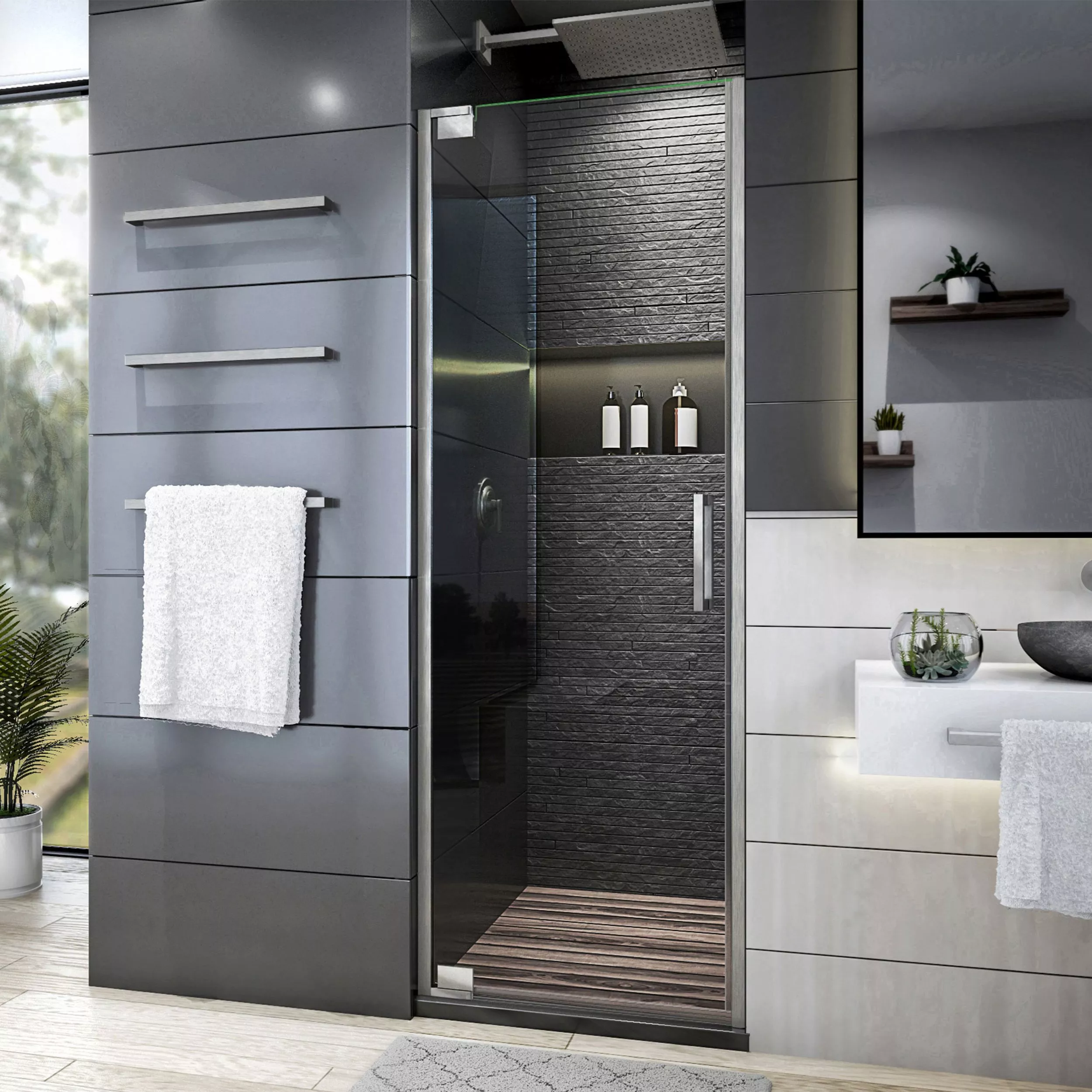 Elegance Plus Brushed Nickel Pivot Shower Door