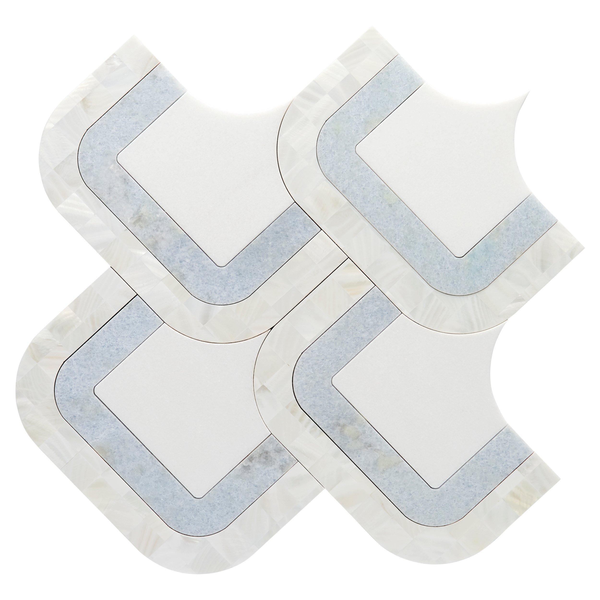 White Thassos and Blue Celeste Marble Waterjet Mosaic Tile in Prima  Brackets