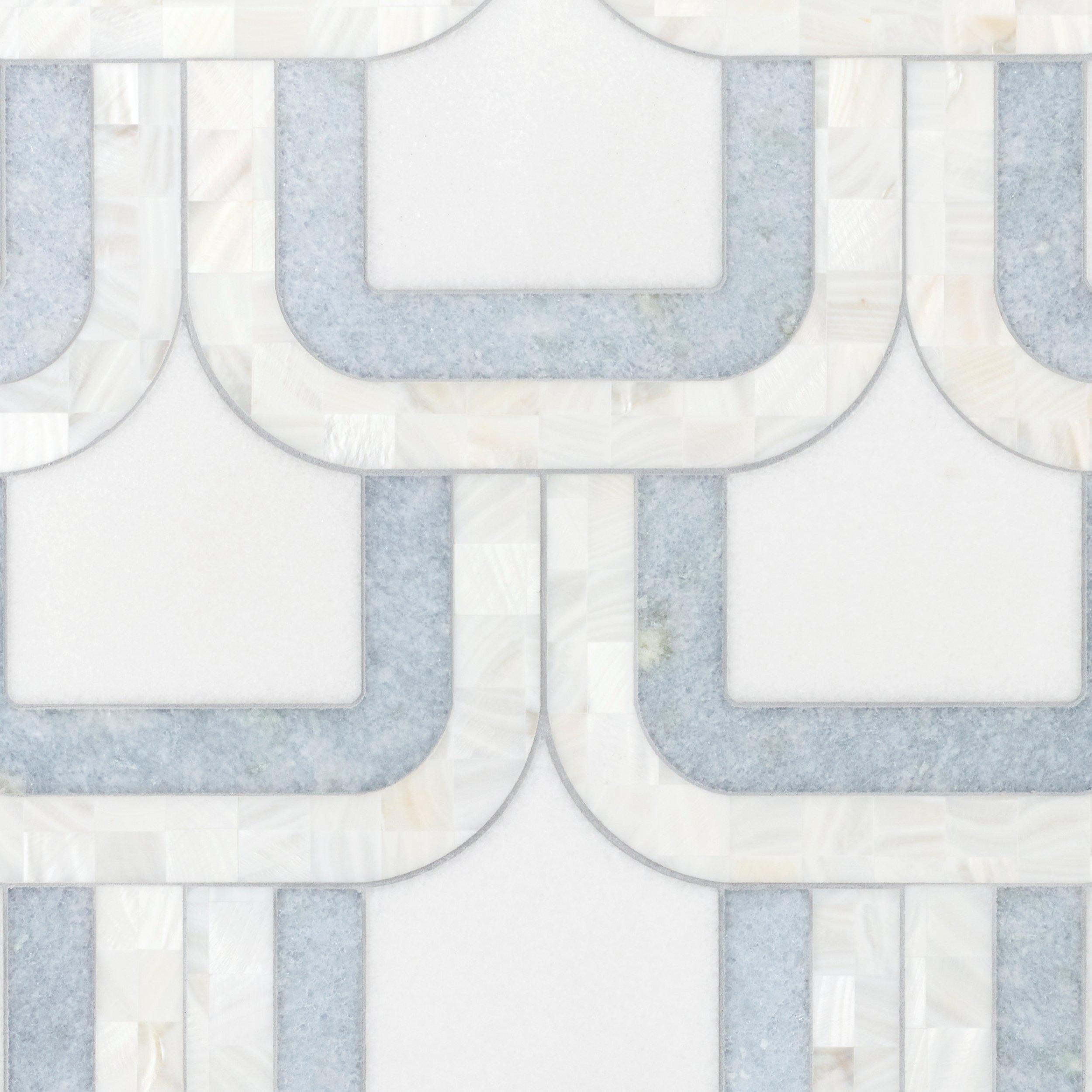 White Thassos and Blue Celeste Marble Waterjet Mosaic Tile in Prima  Brackets