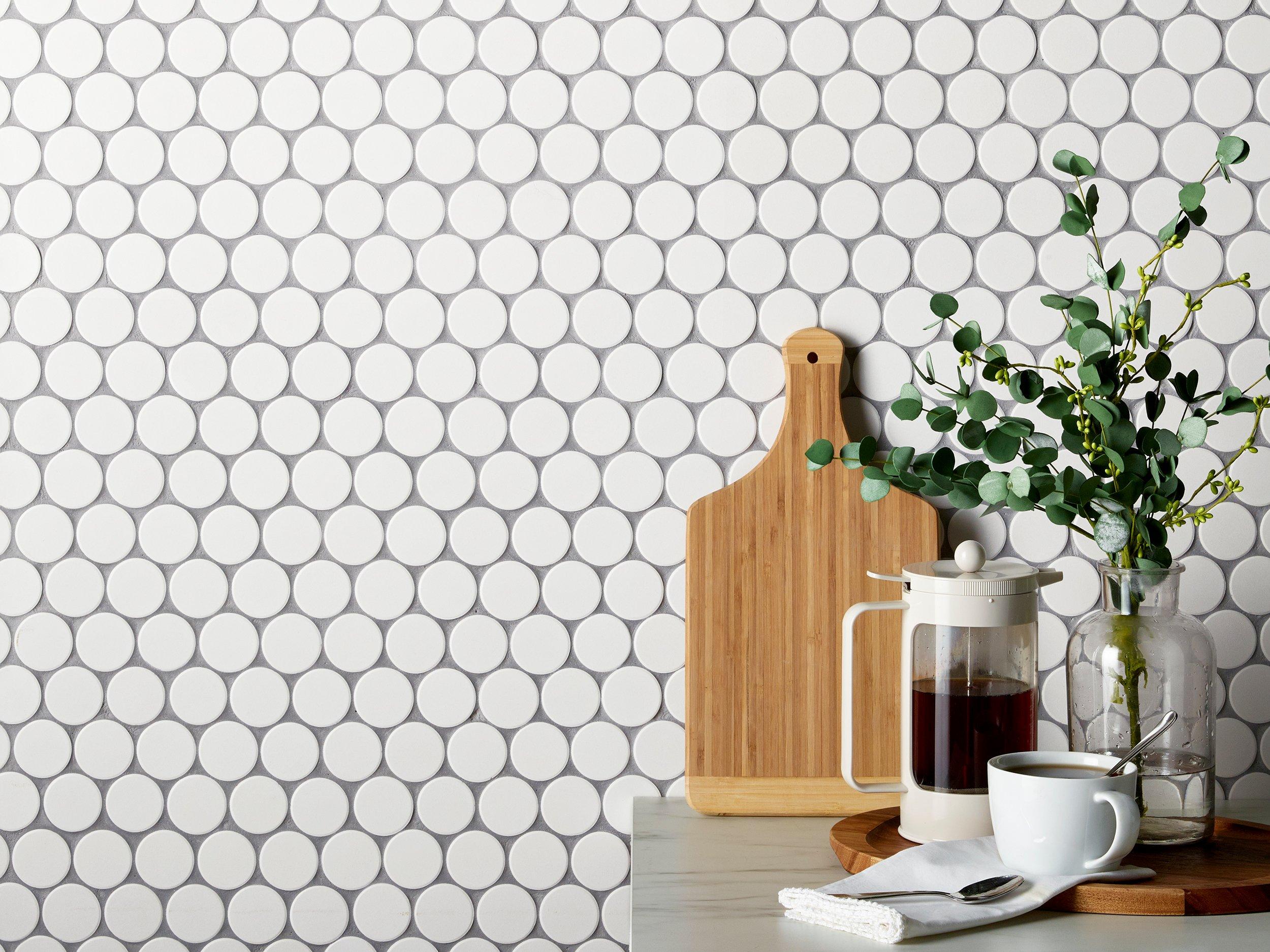 Mod White Unglazed Porcelain Penny Mosaic