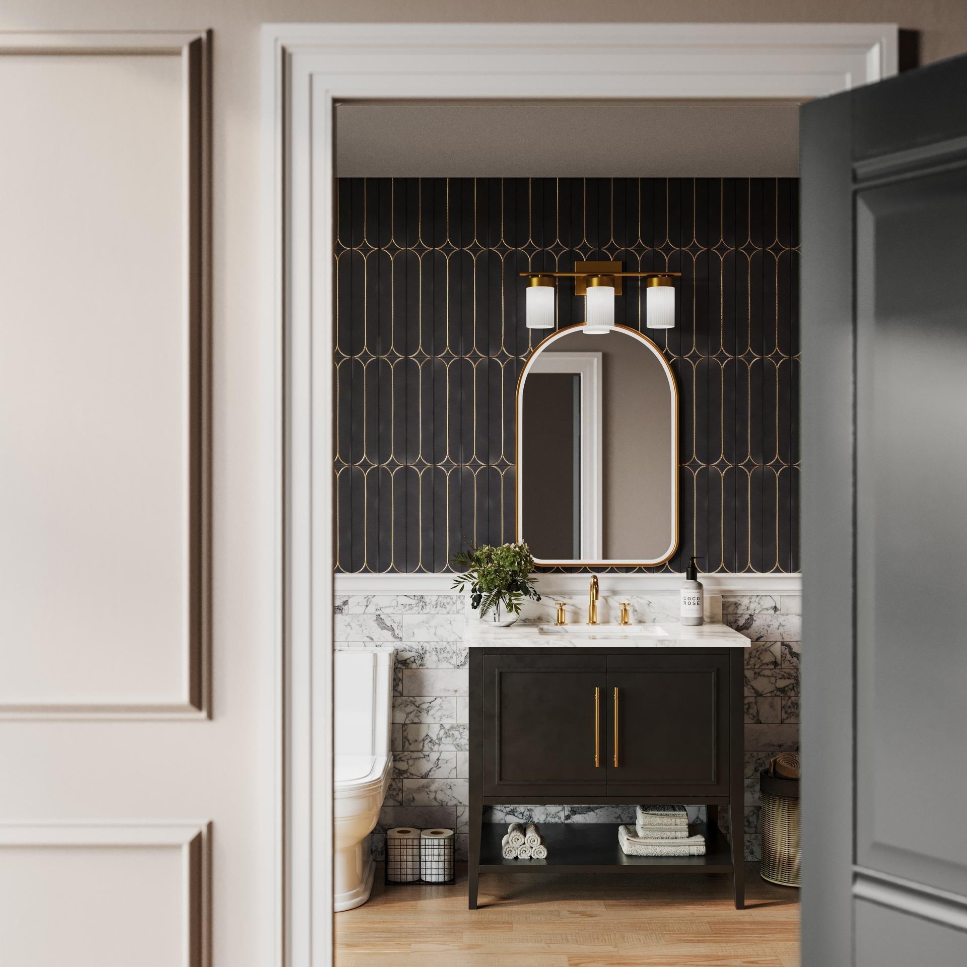 Bathroom with black rectangle vertical stacked accent wall tile.