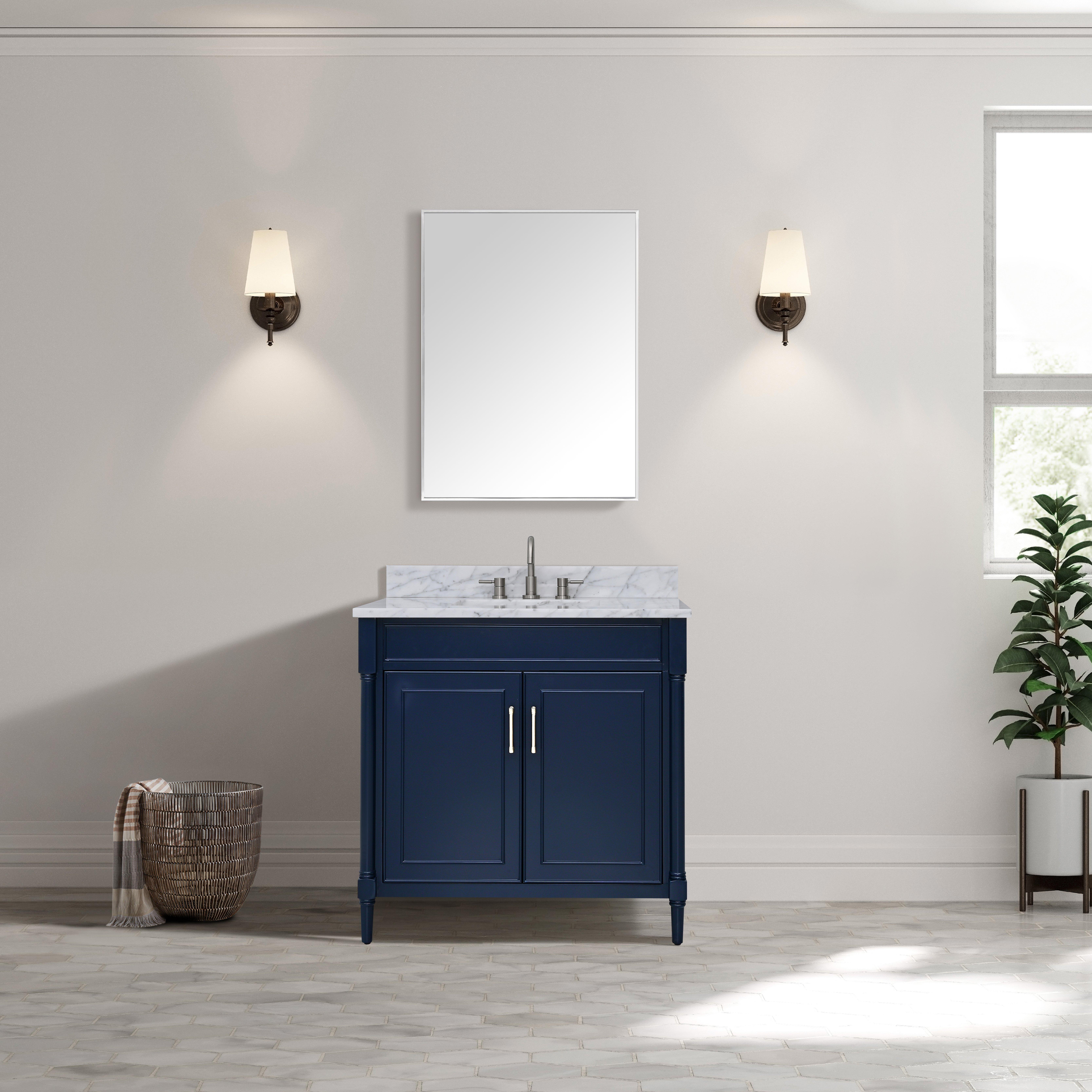 Bethany 37 in. Navy Blue Vanity with Carrara Marble Top
