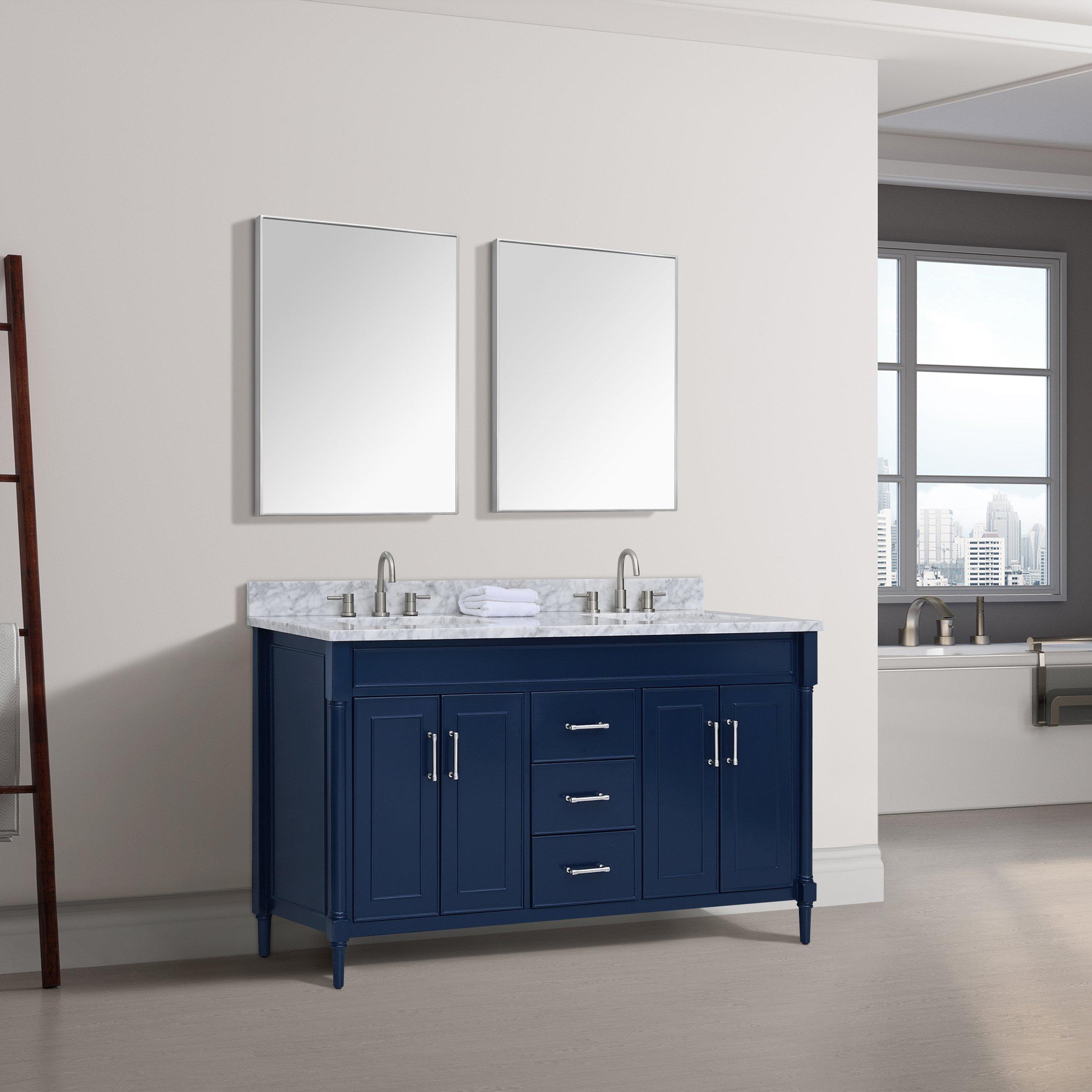 Bethany 61 In Navy Blue Vanity With Carrara Marble Top Floor And Decor 