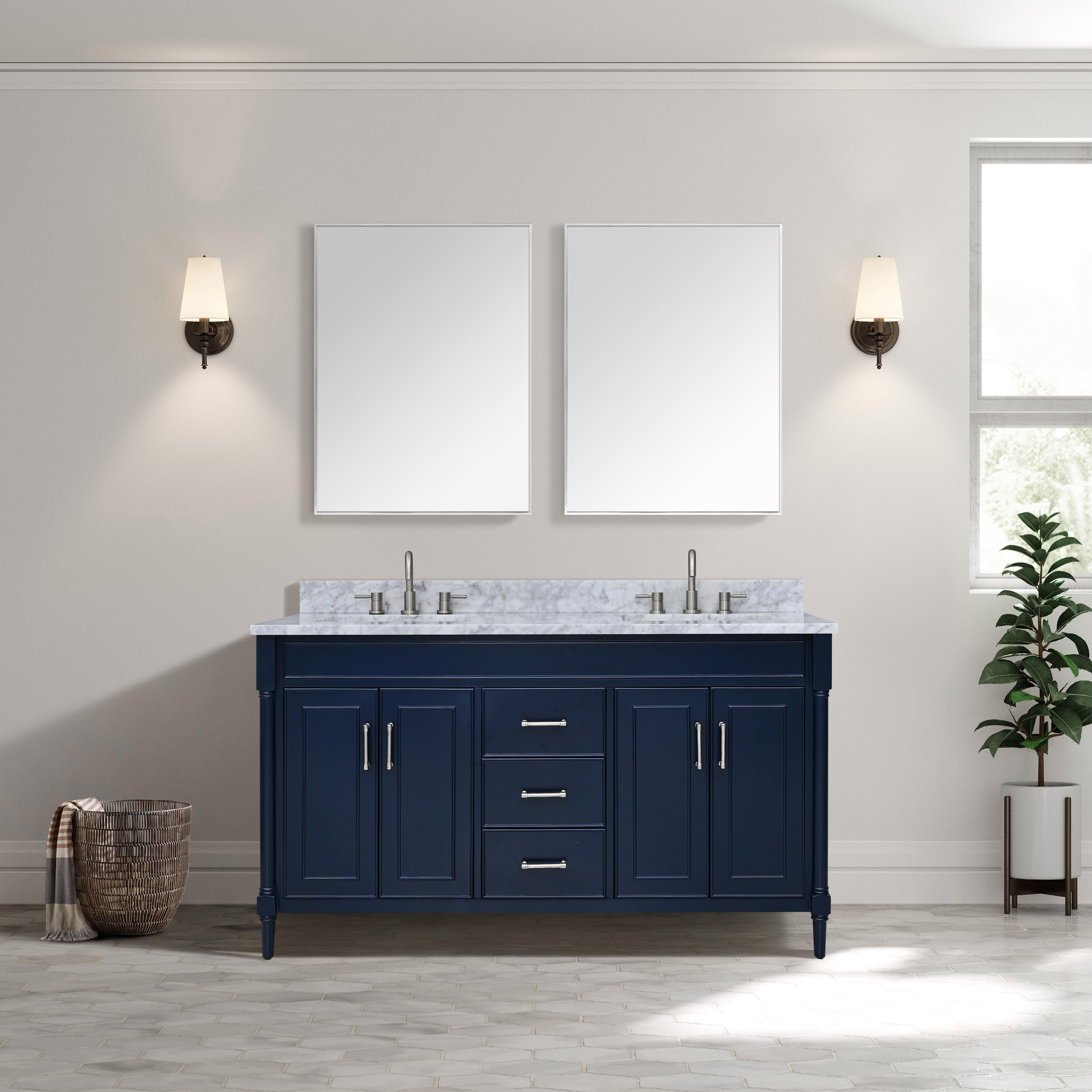 Bethany 61 in. Navy Blue Vanity with Carrara Marble Top