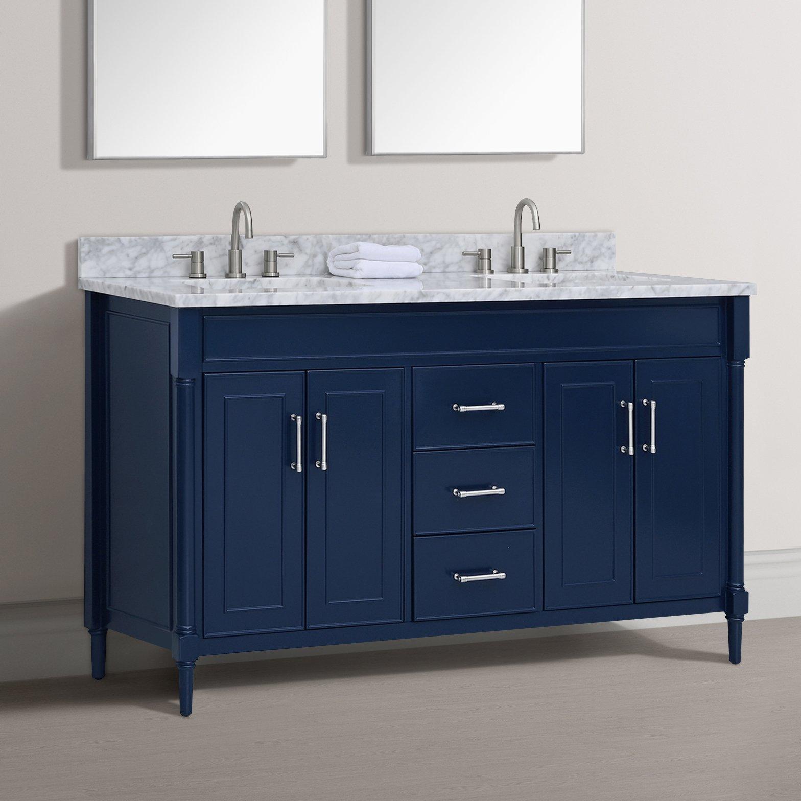 Bethany 61 in. Navy Blue Vanity with Carrara Marble Top | Floor and Decor