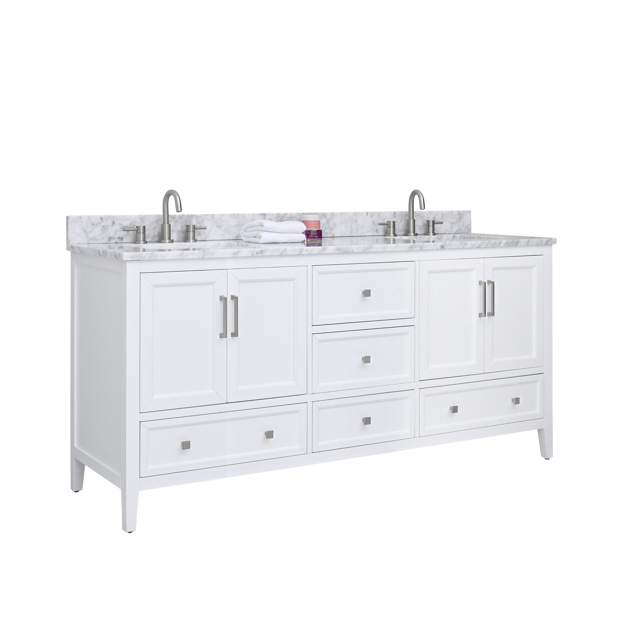 Everly 73 in. White Double Vanity with Carrara Marble Top
