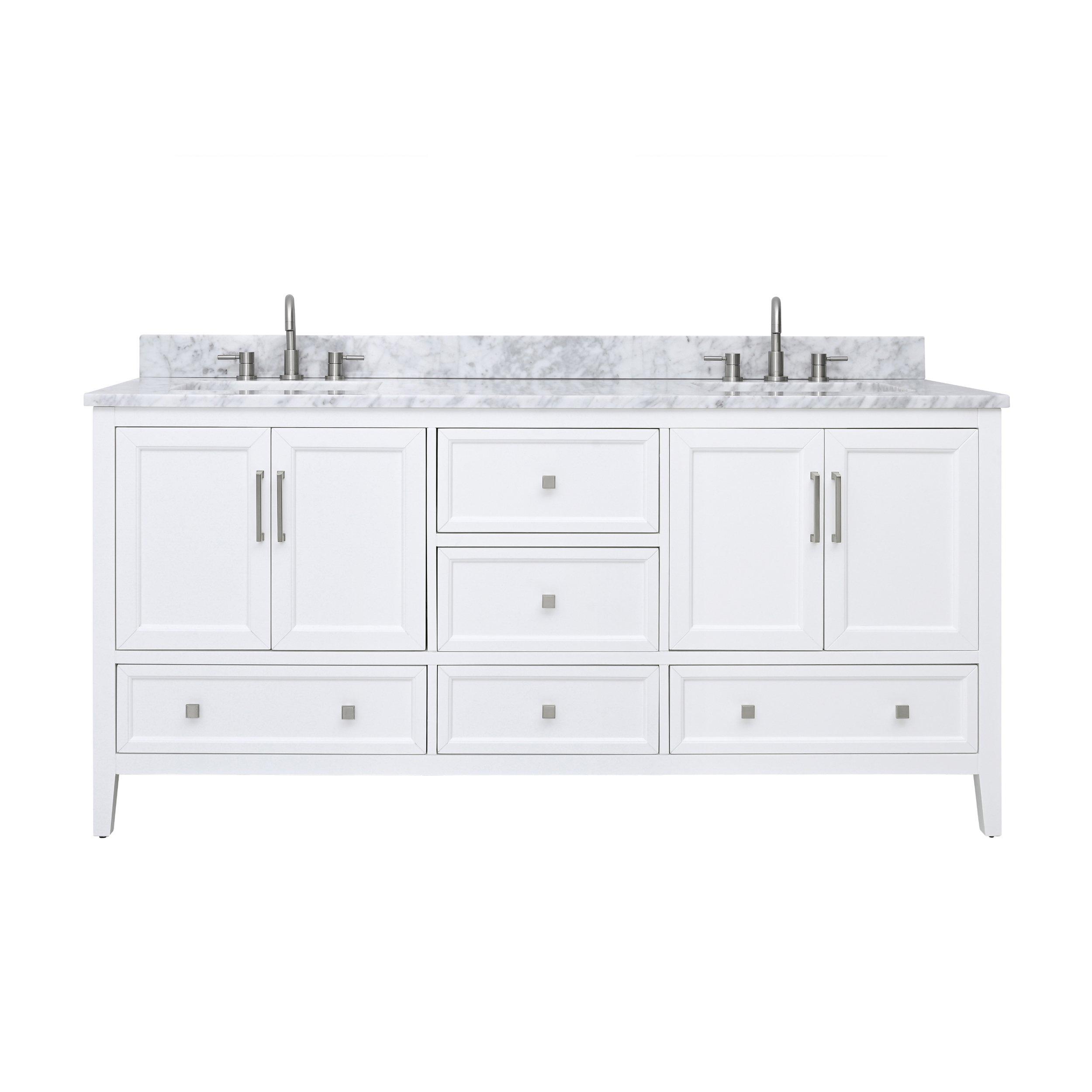 Everly 73 in. White Double Vanity with Carrara Marble Top
