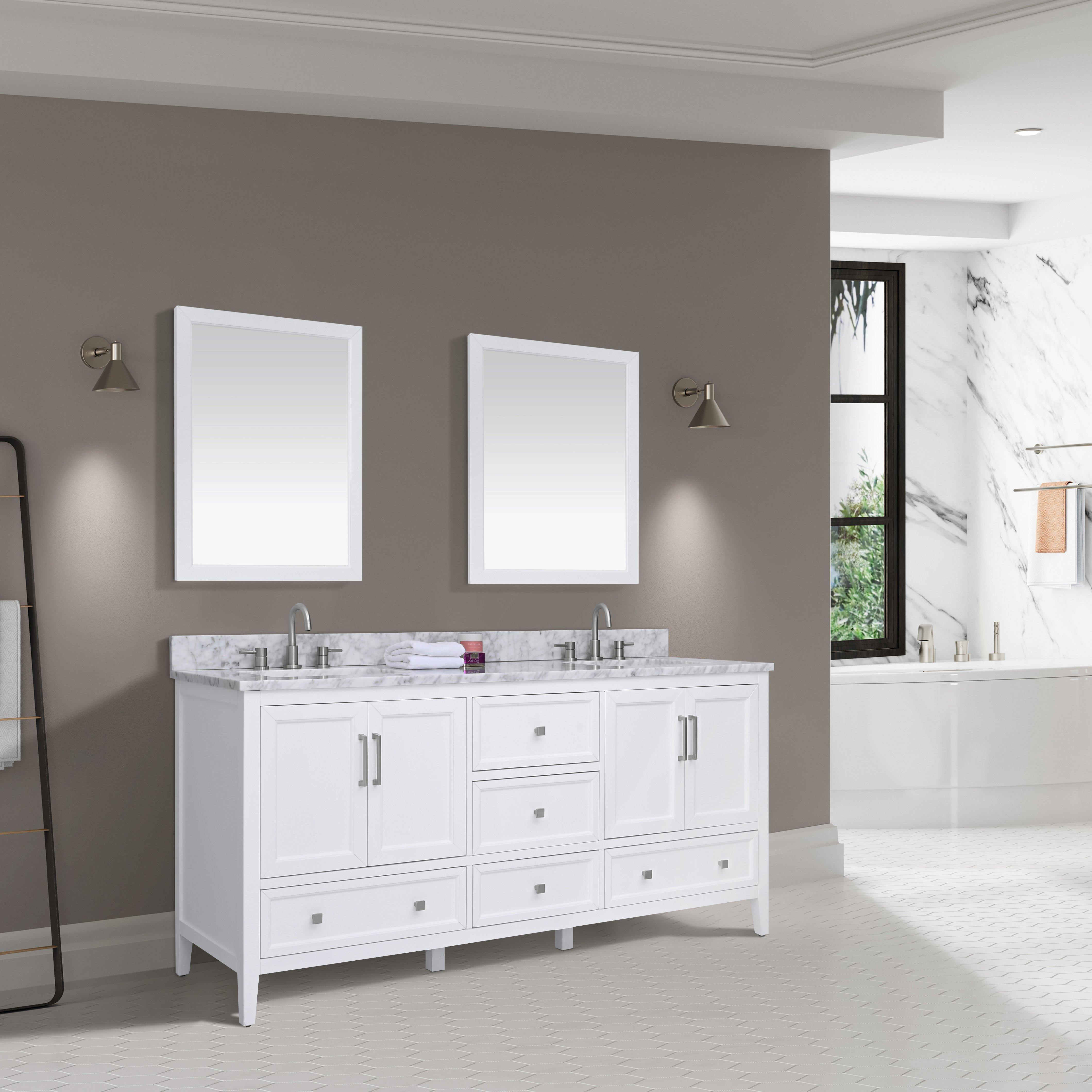Everly 73 in. White Double Vanity with Carrara Marble Top