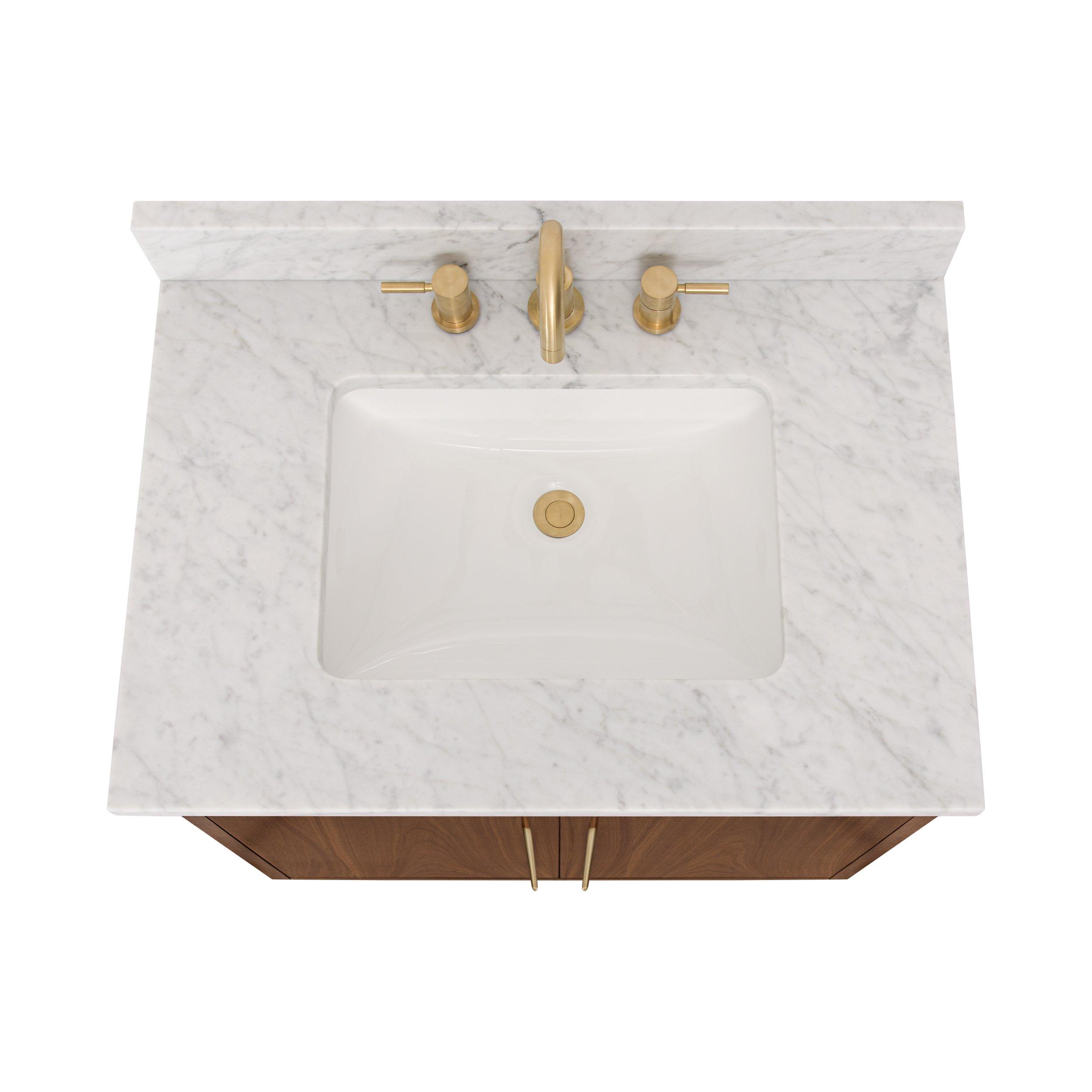 Mina 31 in. Walnut Vanity with Carrara Marble Top Floor and Decor