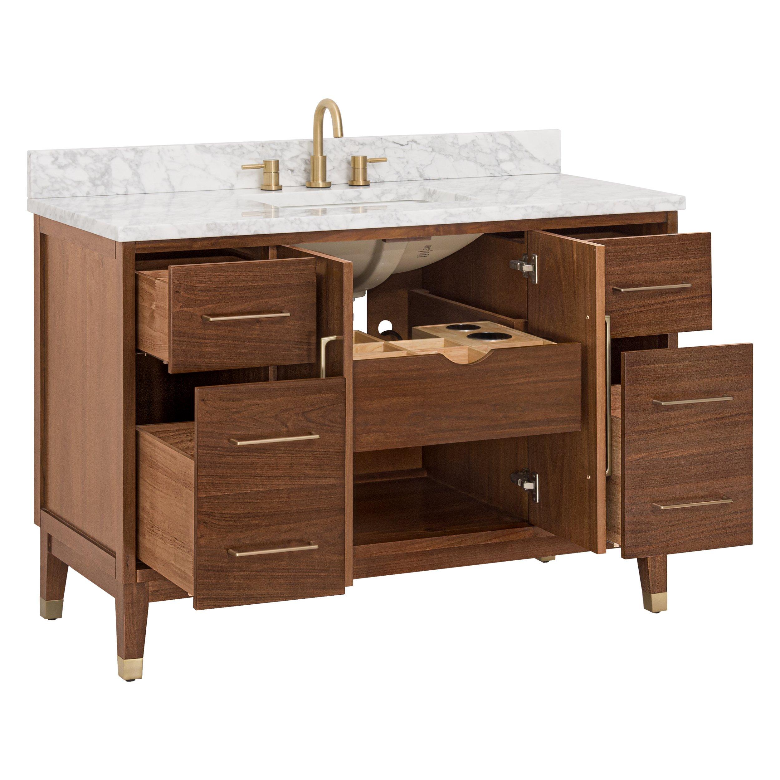Mina 49 in. Walnut Vanity with Carrara Marble Top Floor and Decor