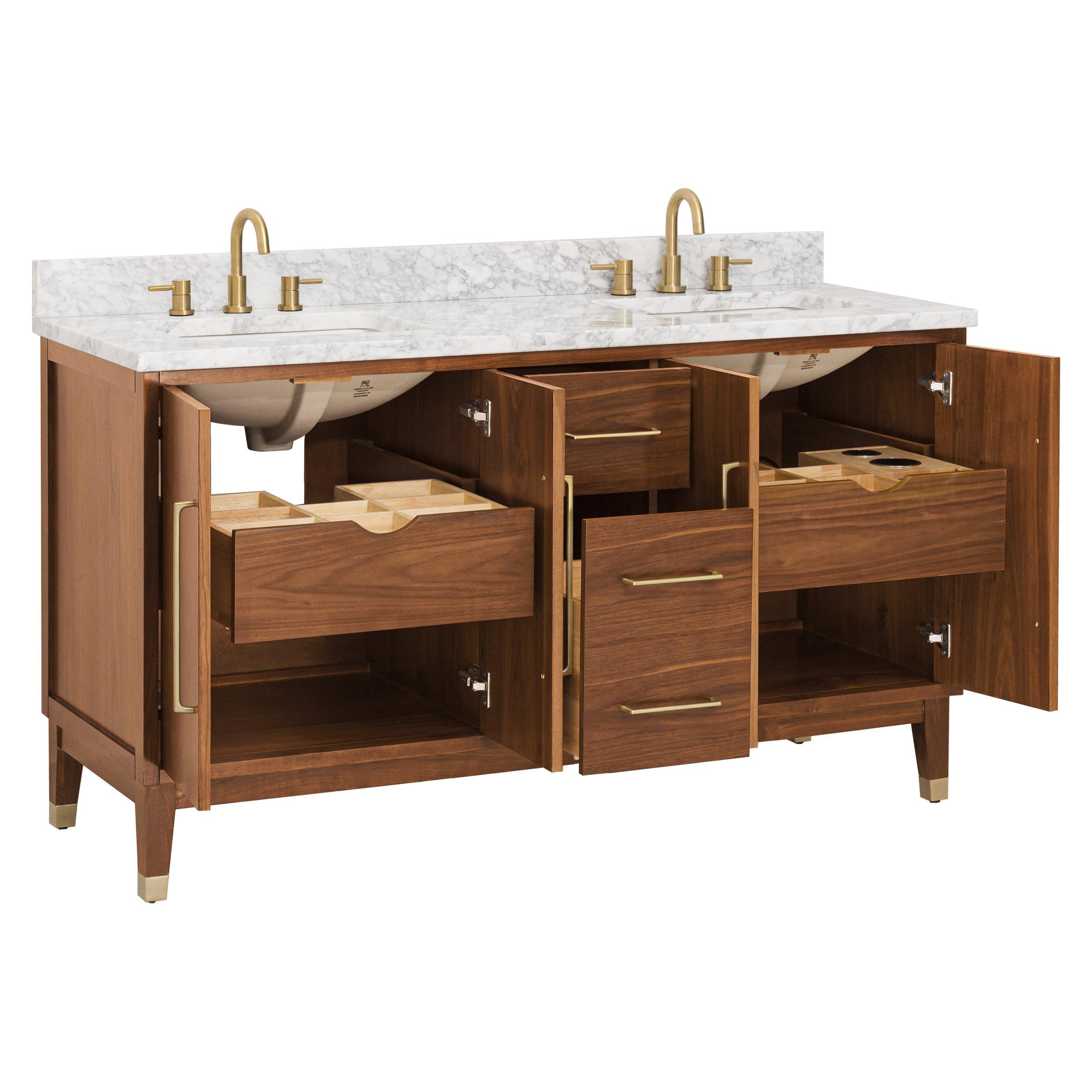 Mina 61 in. Walnut Vanity with Carrara Marble Top Floor and Decor