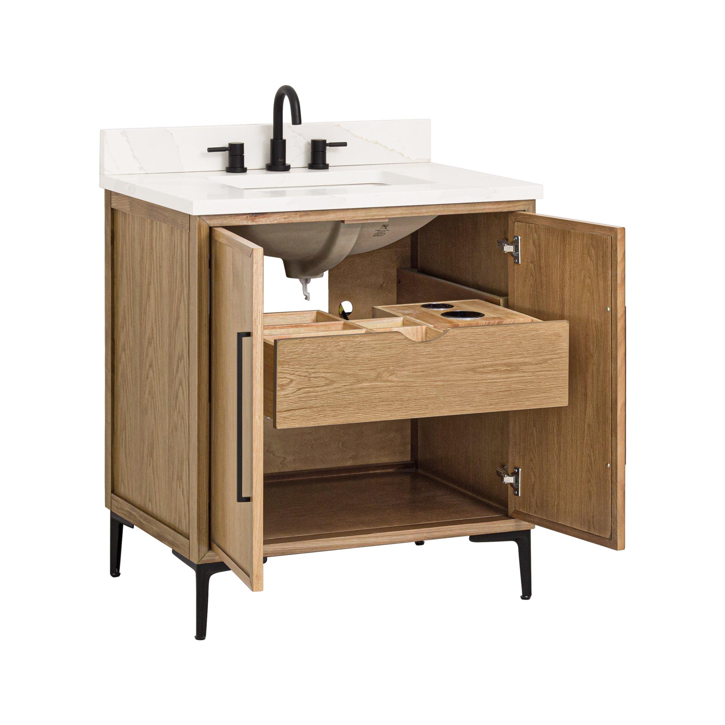 Hudson 31 in. Natural Oak Vanity with Quartz Top Floor and Decor