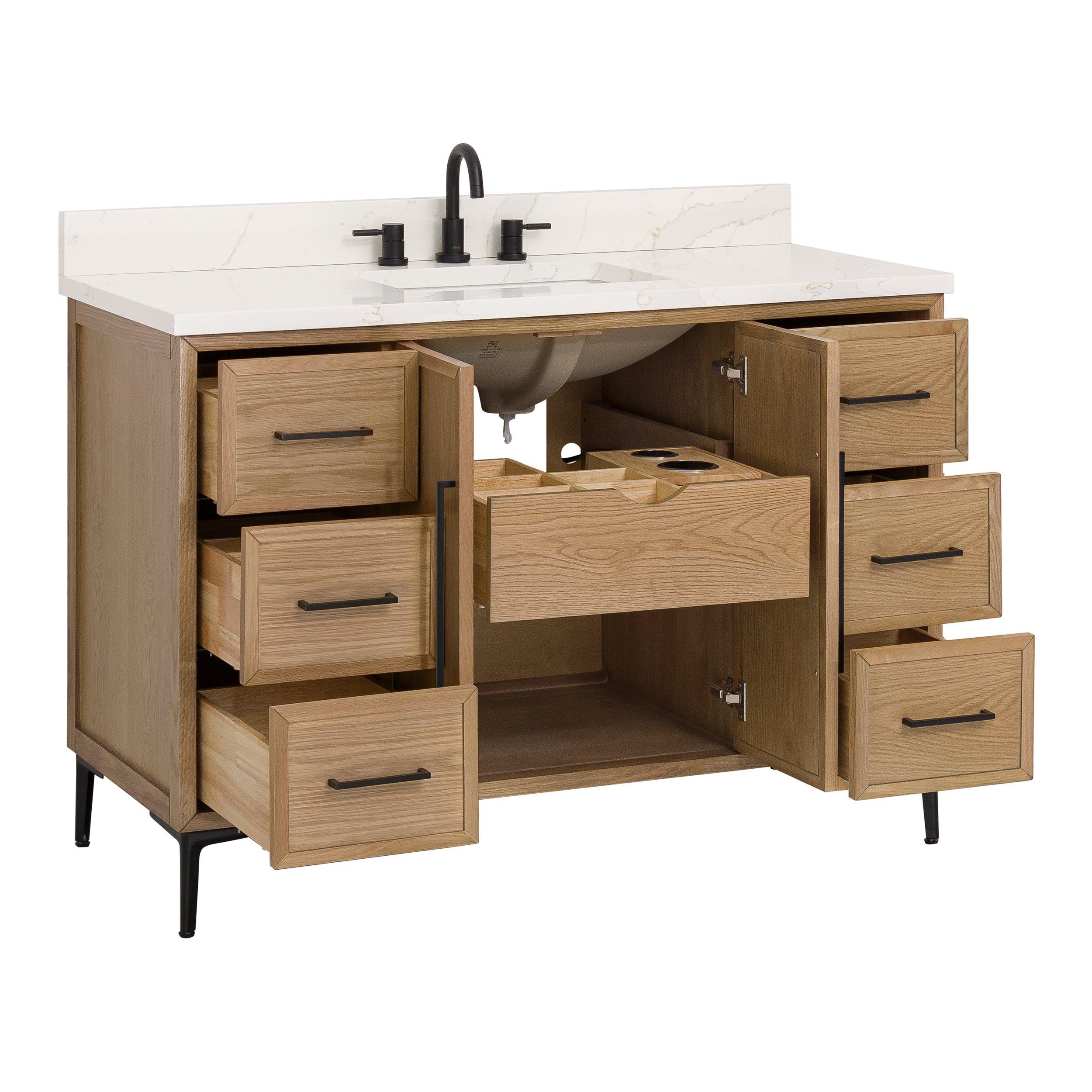 Hudson 49 in. Natural Oak Vanity with Quartz Top Floor and Decor