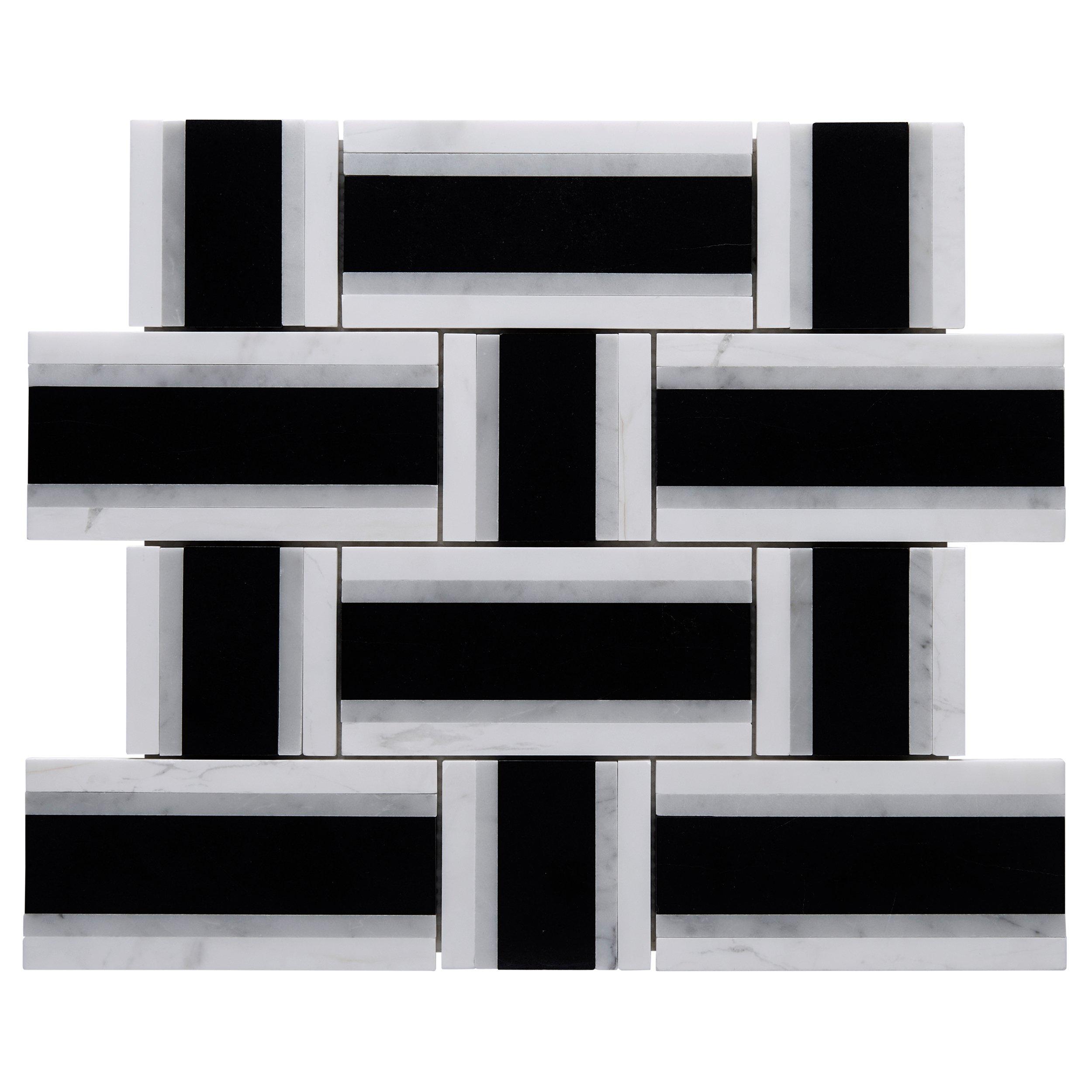 Bianco Carrara Black Basketweave Polished Basalt Mosaic