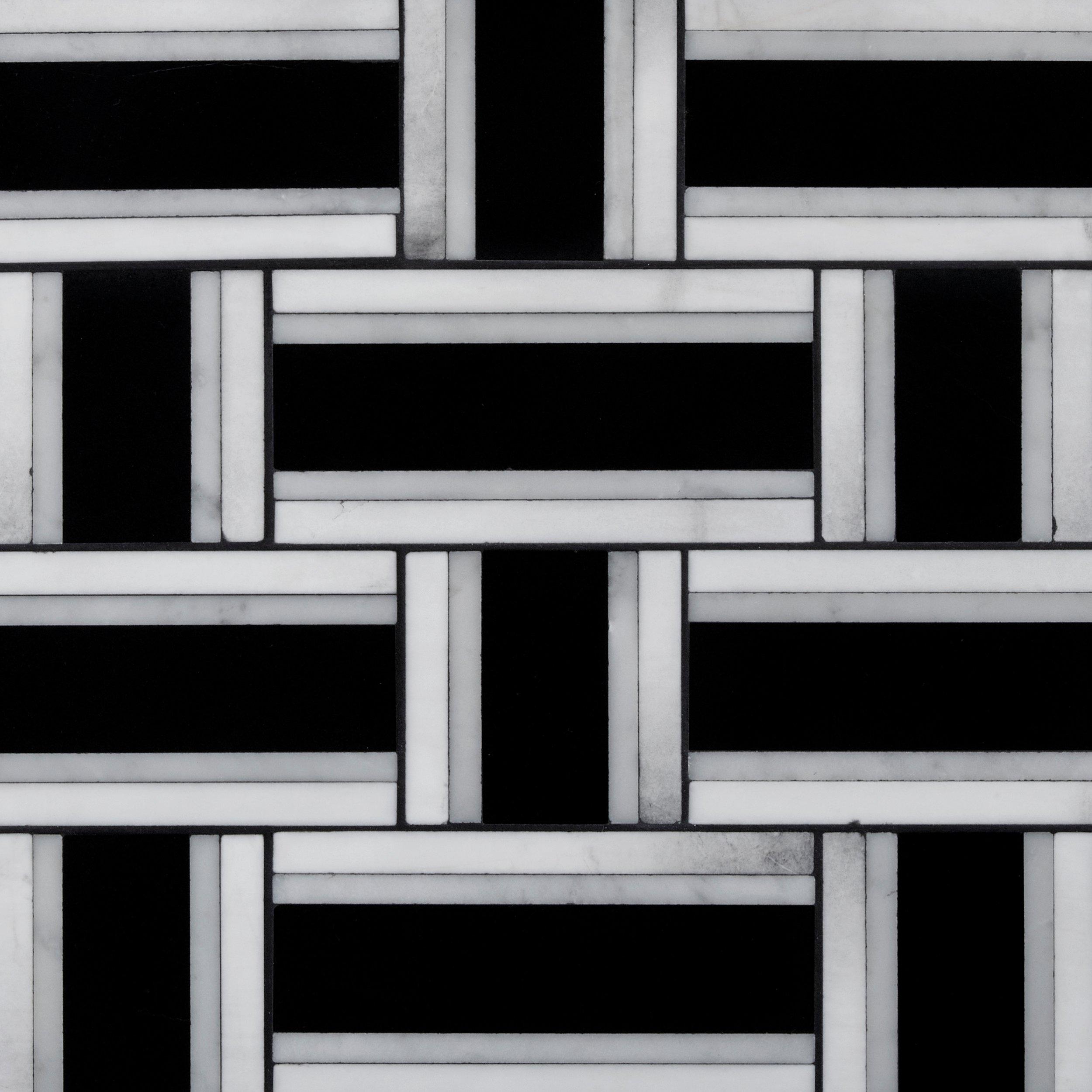 Bianco Carrara Black Basketweave Polished Basalt Mosaic