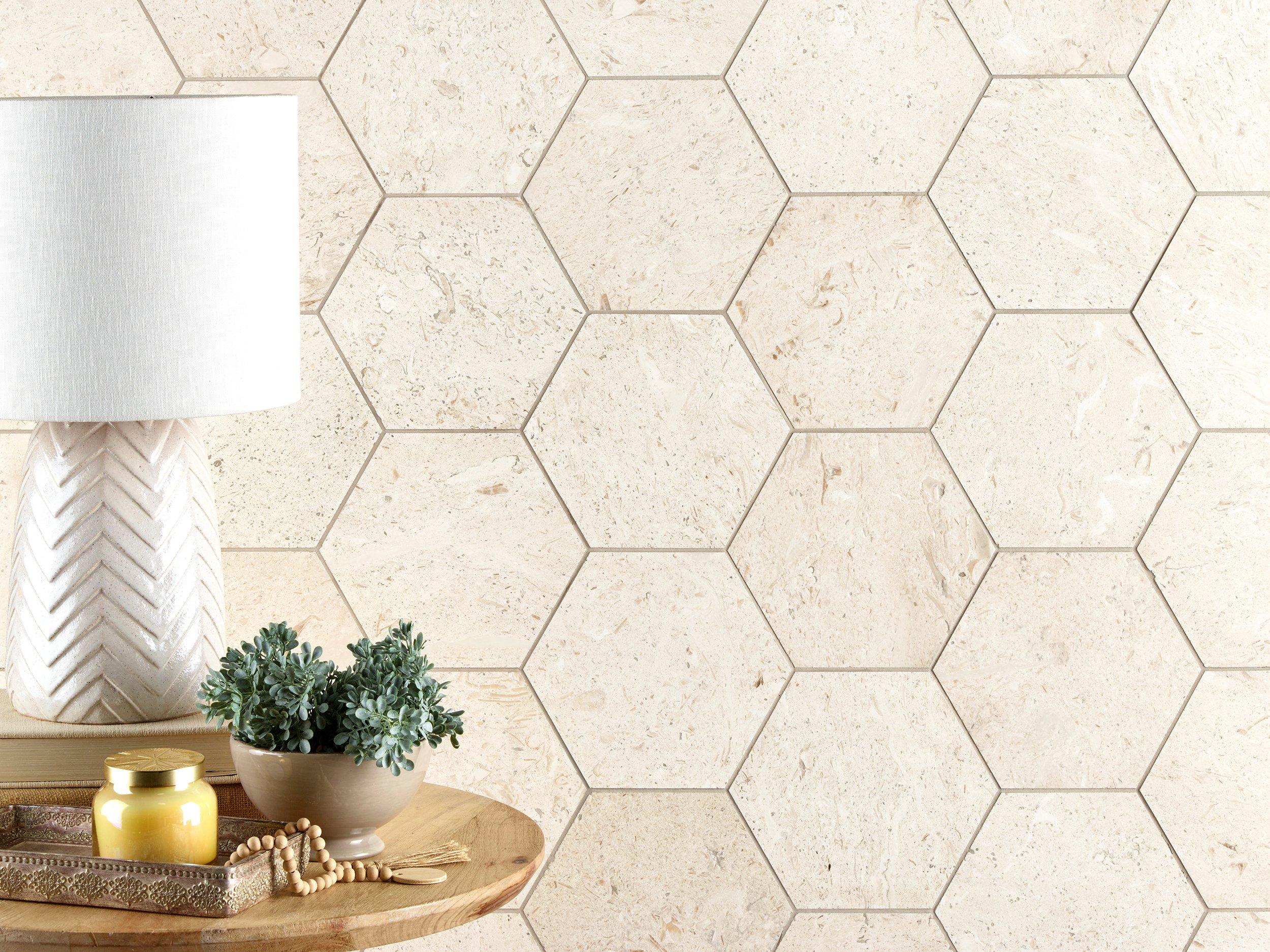 Fossil Hexagon Brushed Limestone Tile