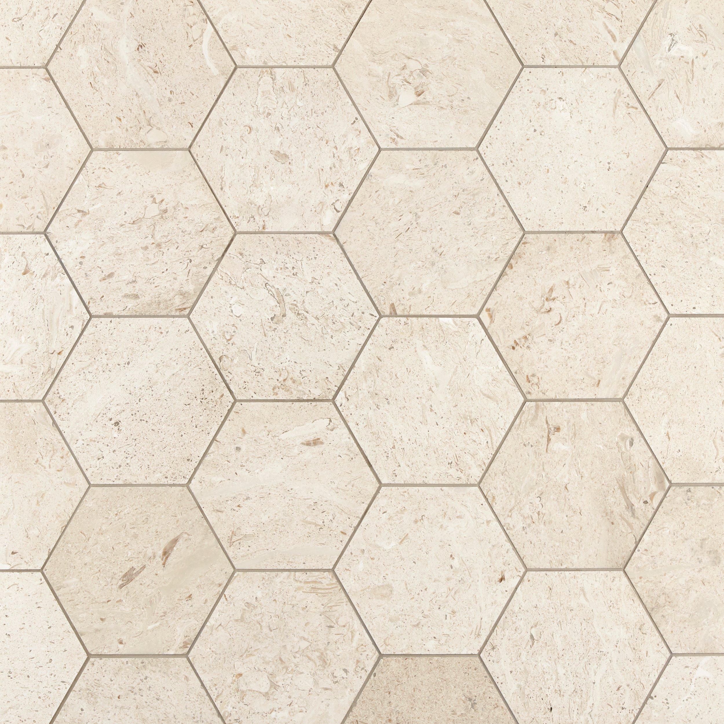 Fossil Hexagon Brushed Limestone Tile