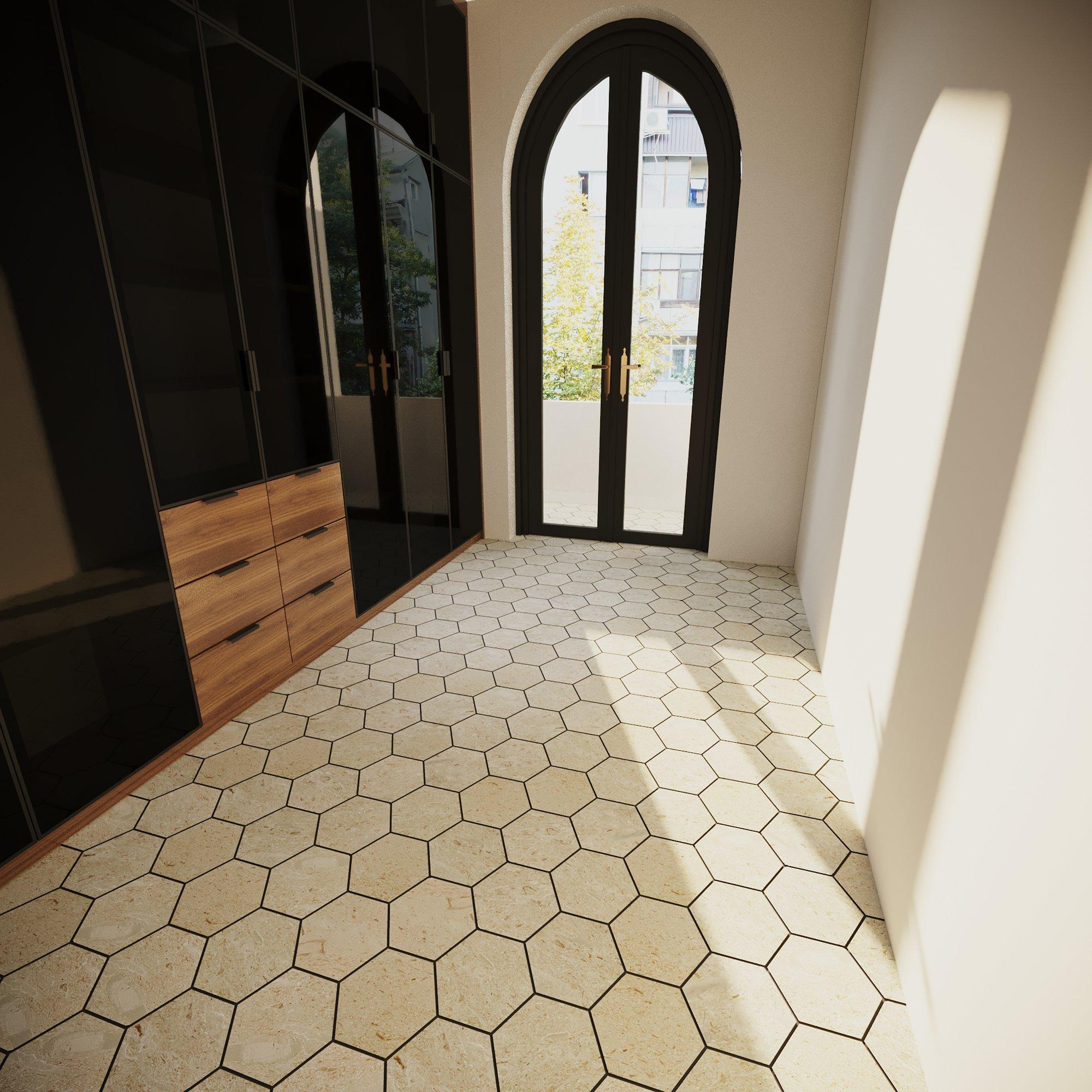 Fossil Hexagon Brushed Limestone Tile