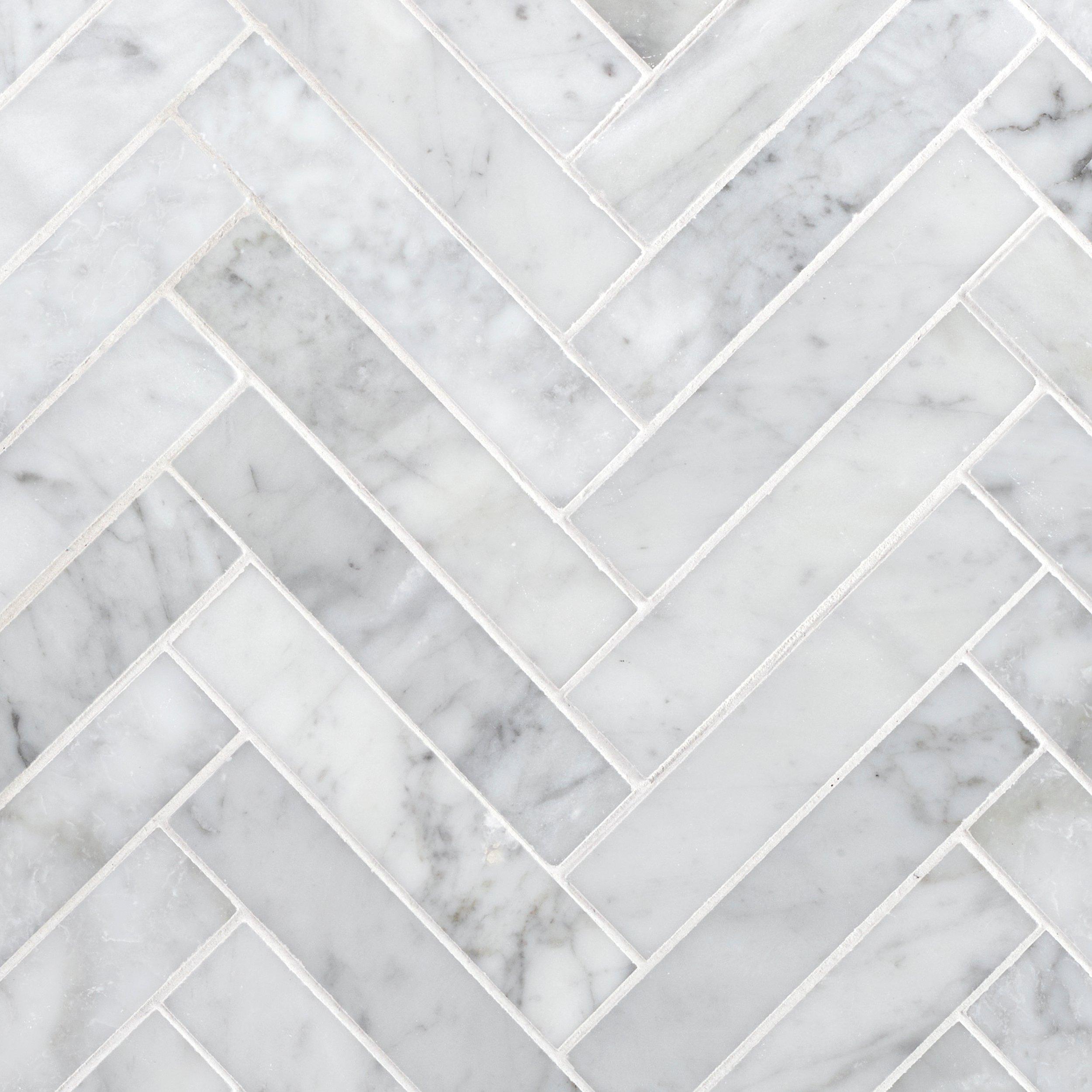 Bianco Carrara Herringbone Polished Marble Mosaic Floor and Decor