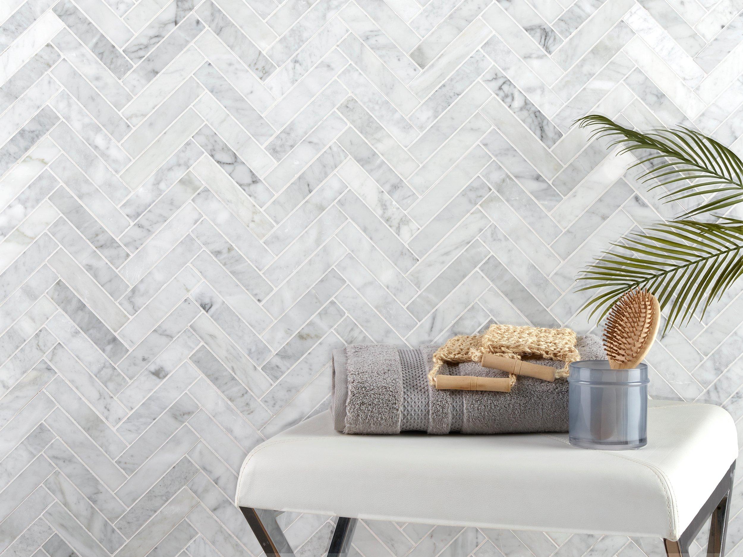 Bianco Carrara Herringbone Polished Marble Mosaic | Floor and Decor