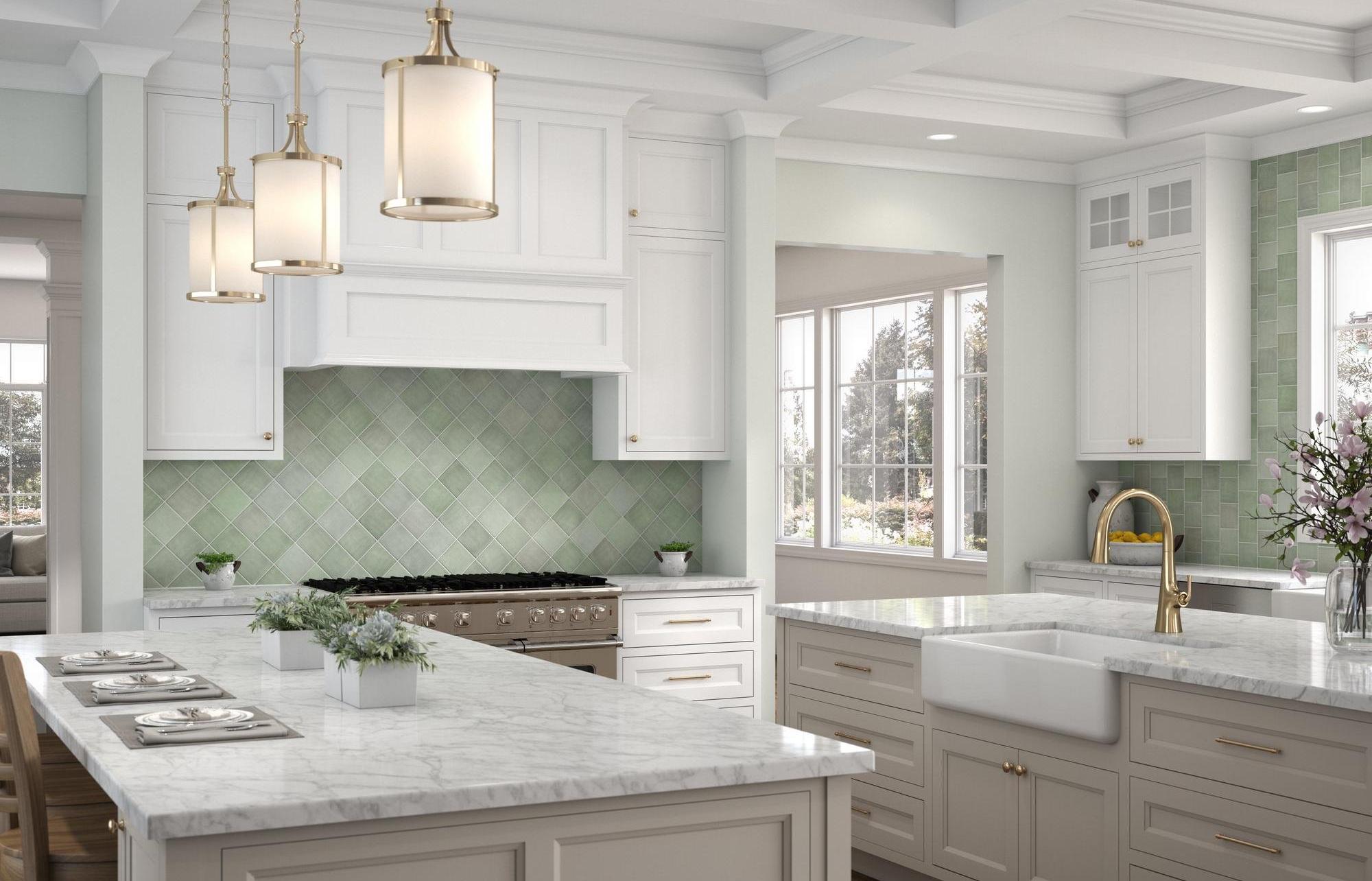 A white kitchen with light green diamond tiling.