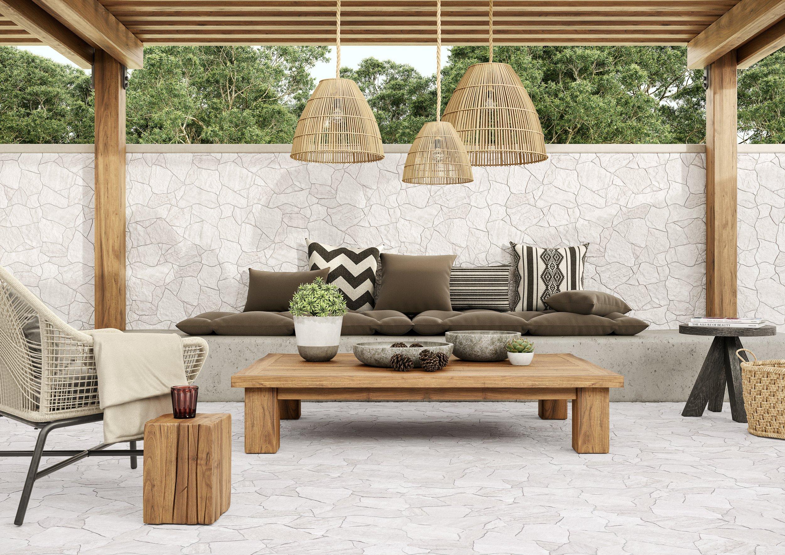 Outdoor area with porcelain tile.