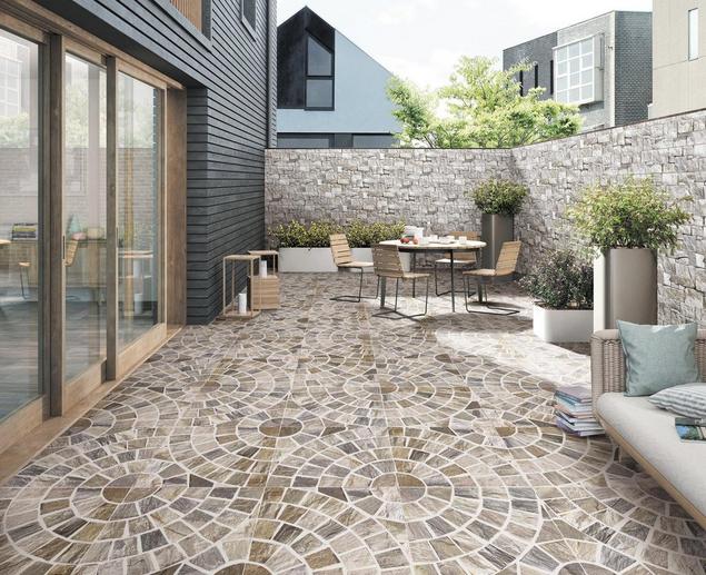 An outdoor patio made with brick.